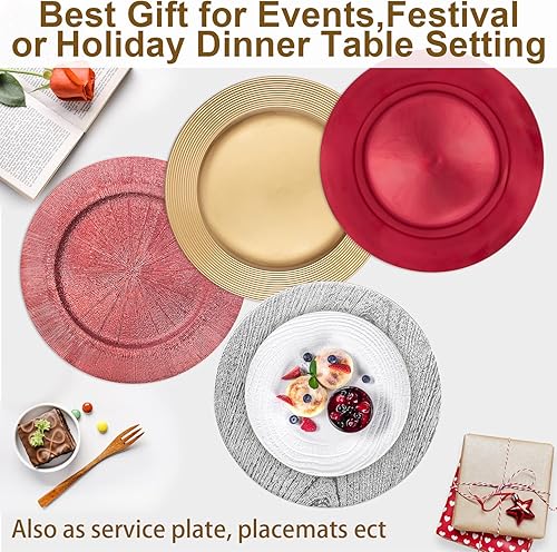 Miniatura 5 de Juego de 6 platos de carga redondos, platos de servicio de grano de madera de plástico plateado grueso de 13 pulgadas para cenas, fiestas, mesa de