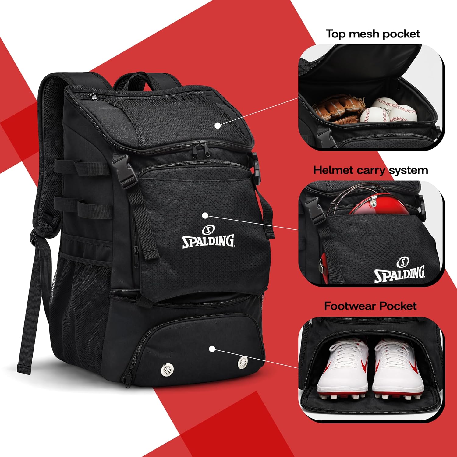 Spalding Baseball Backpack Baseball Bag | Youth & Adult Large Backpack with Compartment for Tball Softball Sports Gear | Fits Bat Glove Shoes Ball Helmet | Waterproof Adult Bat Bag Softball Gift