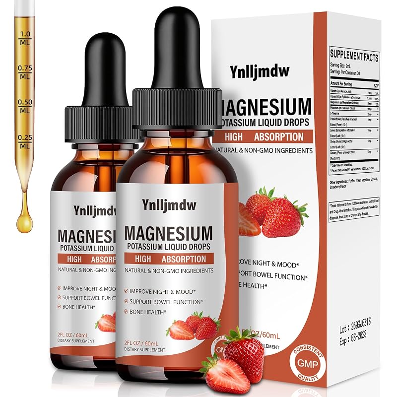 Ynlljmdw Suplemento líquido de potássio e magnésio com glicinato de magnésio, L-teanina, manganês e vitaminas B6 e C, 60 mL, 2 frascos