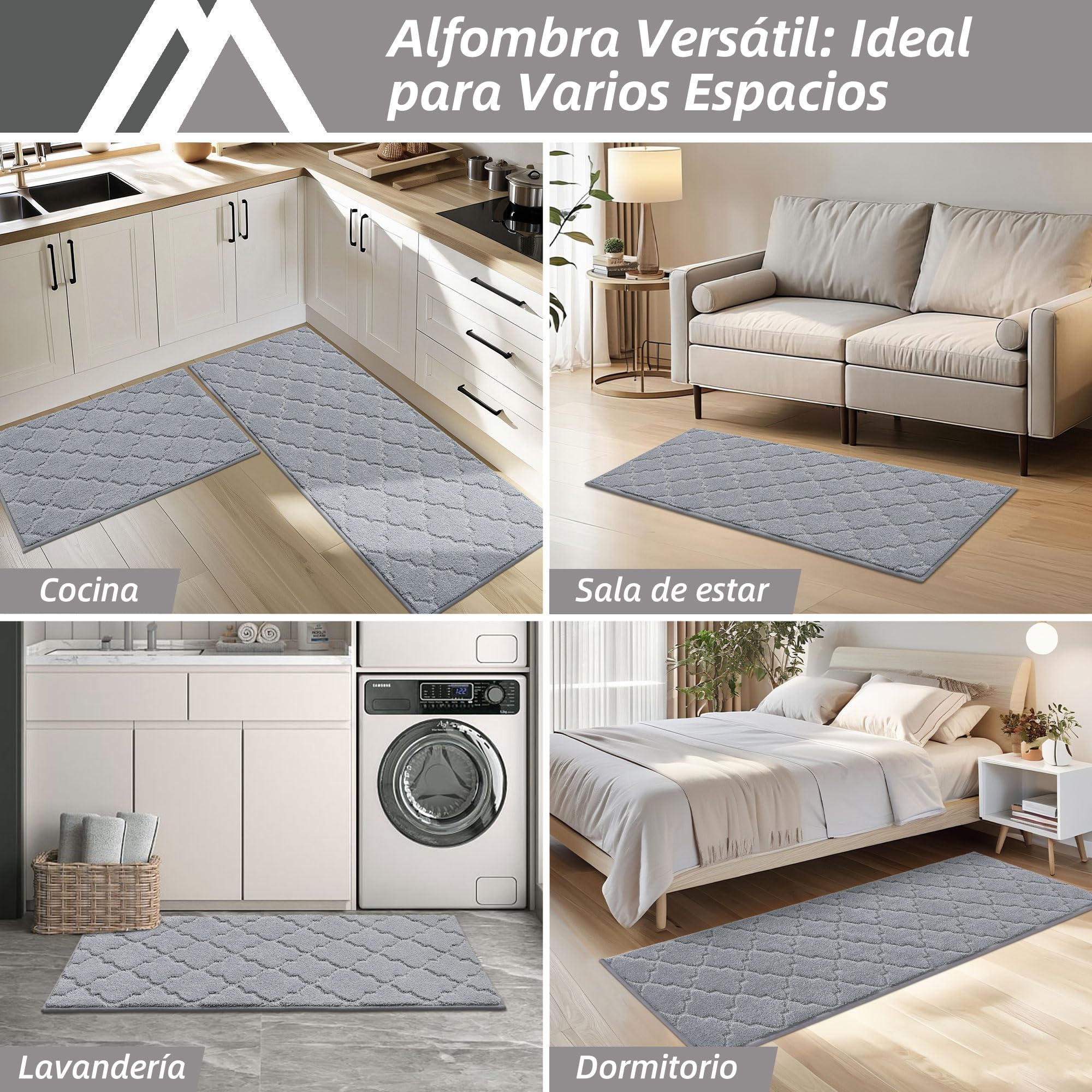 COSY HOMEER Alfombra de Cocina Antideslizante Lavable, Set de 2 Unidades (51 x 76 cm + 51 x 122 cm), Alfombra para Pasillo y Cocina, Ideal para Sala de Estar, Gris