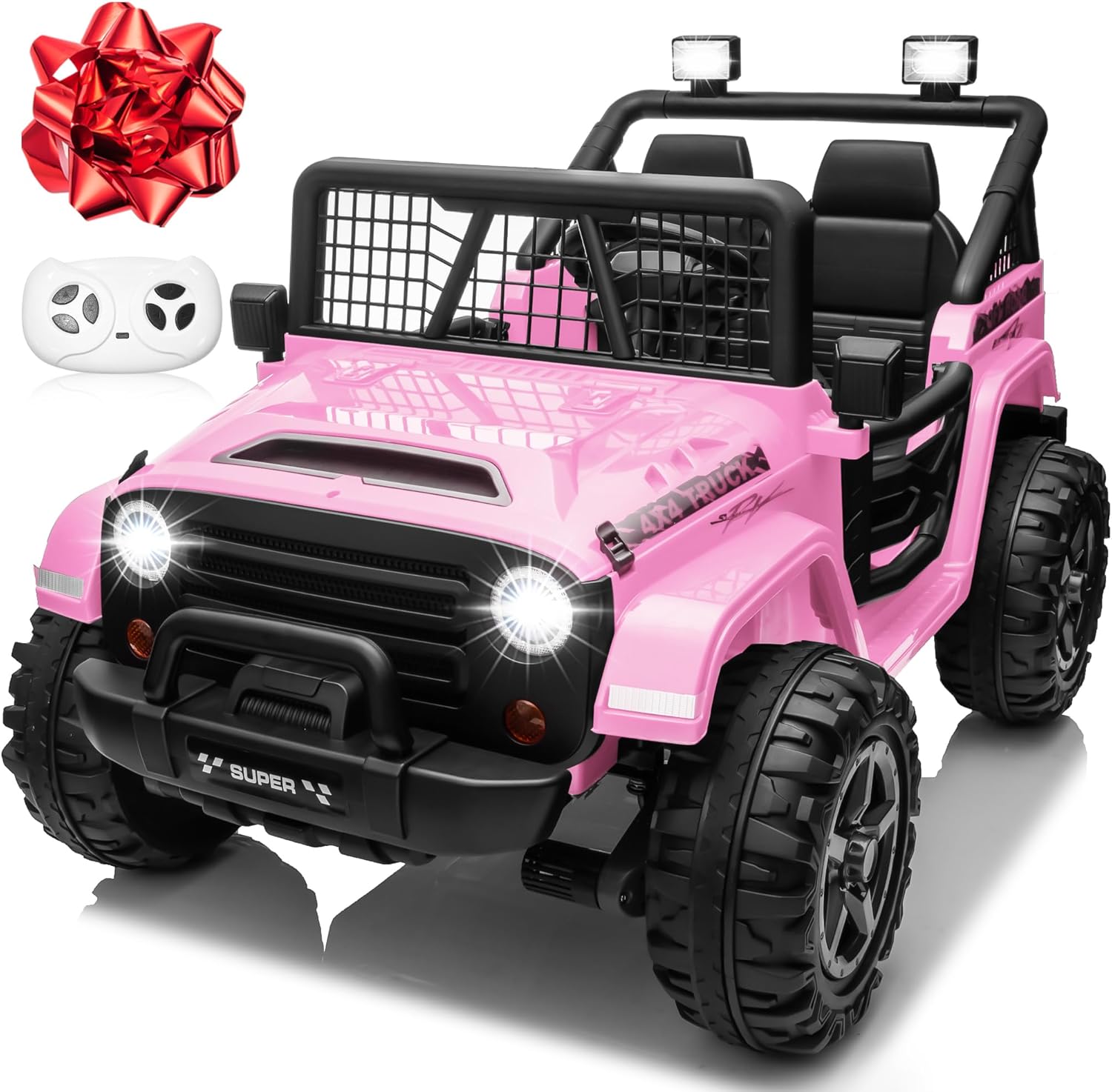 24V XL Ride on Car with Remote Control, 2 Seater 4WD/2WD Switchable Electric Car for Kids w/20 Inch Wide Seat, Gift Flower, 4X200W Power Car Wheels 24 Volt Big Trucks for Boys Girls, Pink