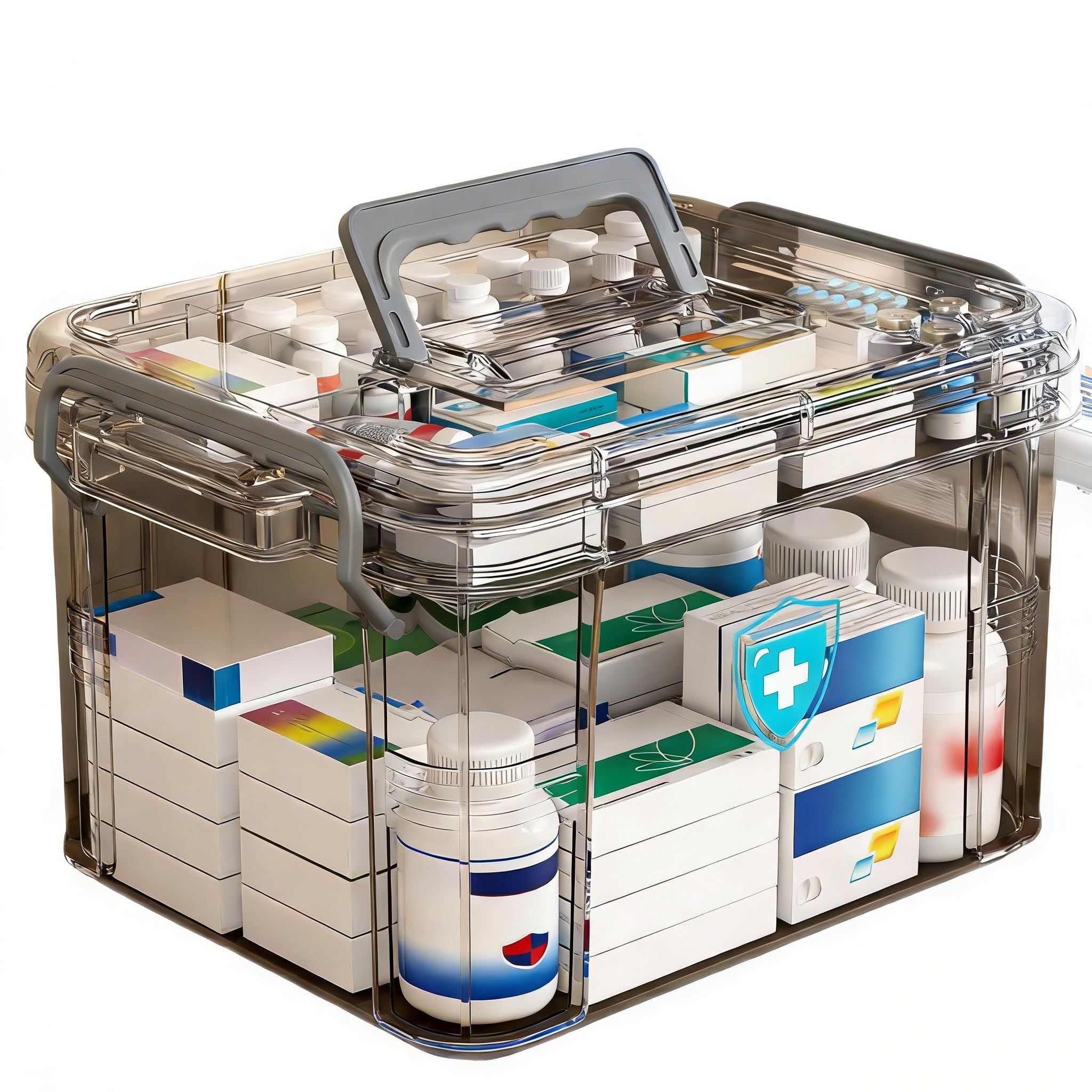 Medizin-Organizer mit Griff, mehrschichtige, transparente Aufbewahrungsbox, tragbares Pillenetui und Erste-Hilfe-Set für Zuhause, Reisen, Wohnmobil, Schule, Senioren