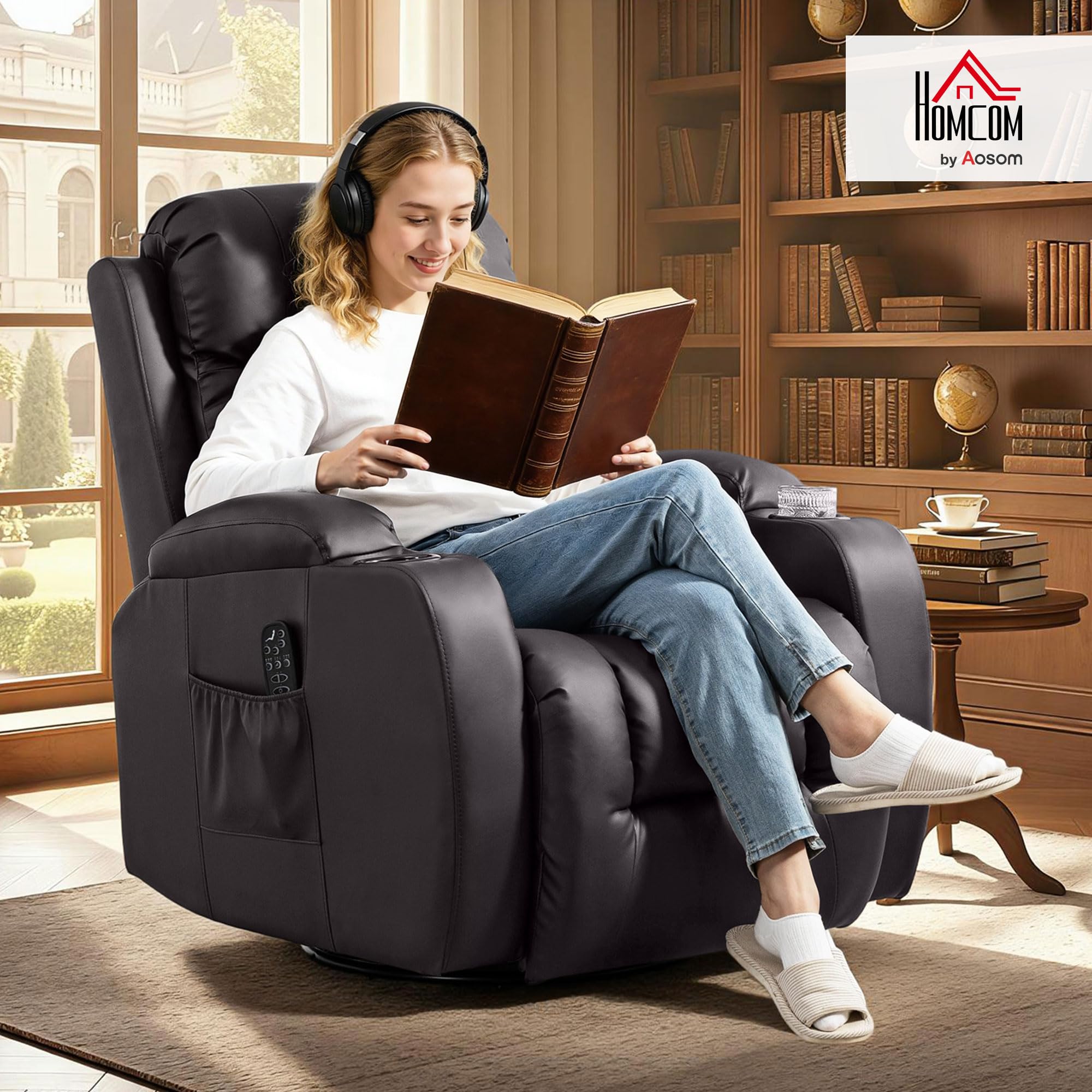 HOMCOM Sillón reclinable Ajustable con calefacción, Marrón Oscuro | Sillón de masaje, TV giratorio con mecedora, portavasos, bolsillo, temporizador, cuero sintético, para salón