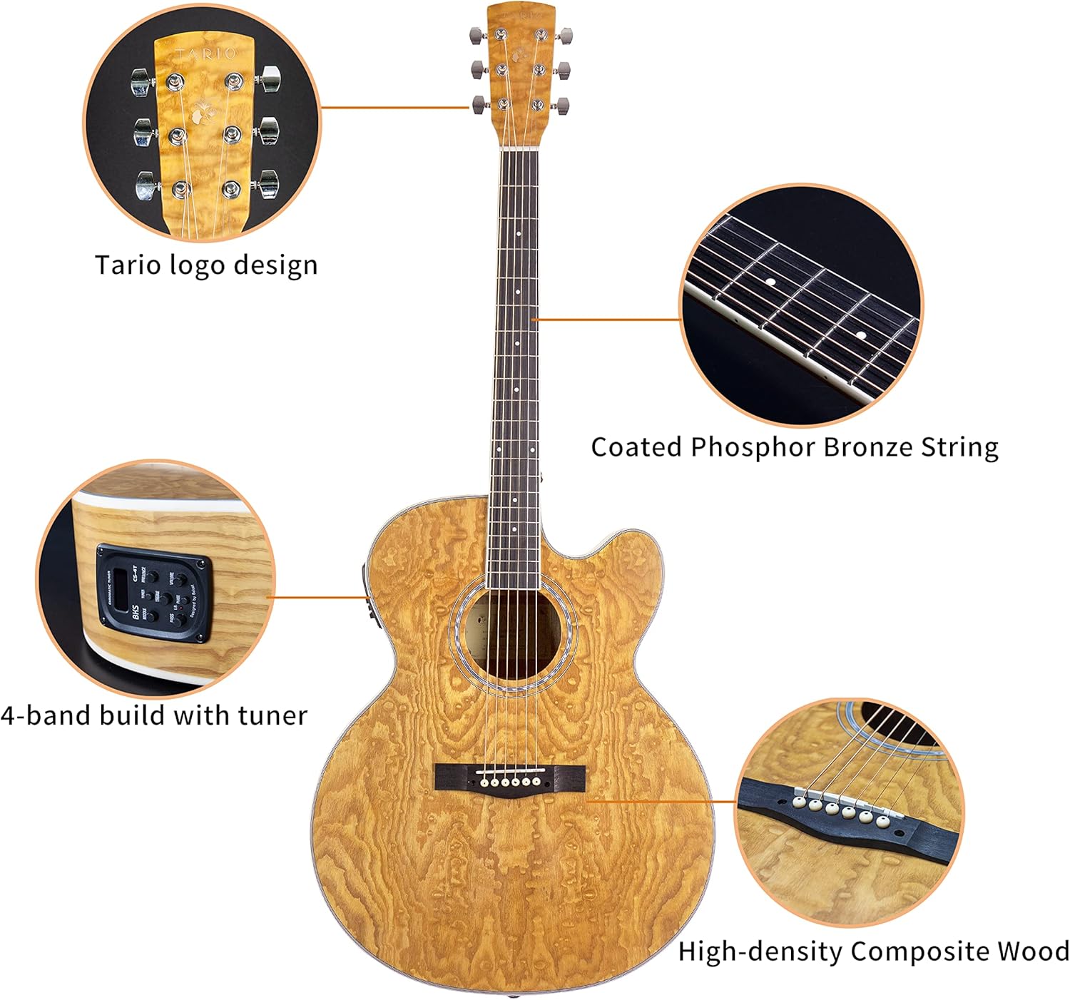 TARIO 41'' Acoustic Electric Cutaway Guitar Antique Jumbo Body Curly Ash body Okoume Neck Natural