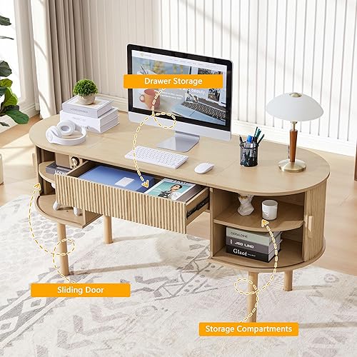 Miniatura 4 de ORRD Escritorio ovalado para oficina en casa con puerta corredera y cajón, moderno escritorio ejecutivo de madera acanalada para almacenamiento de