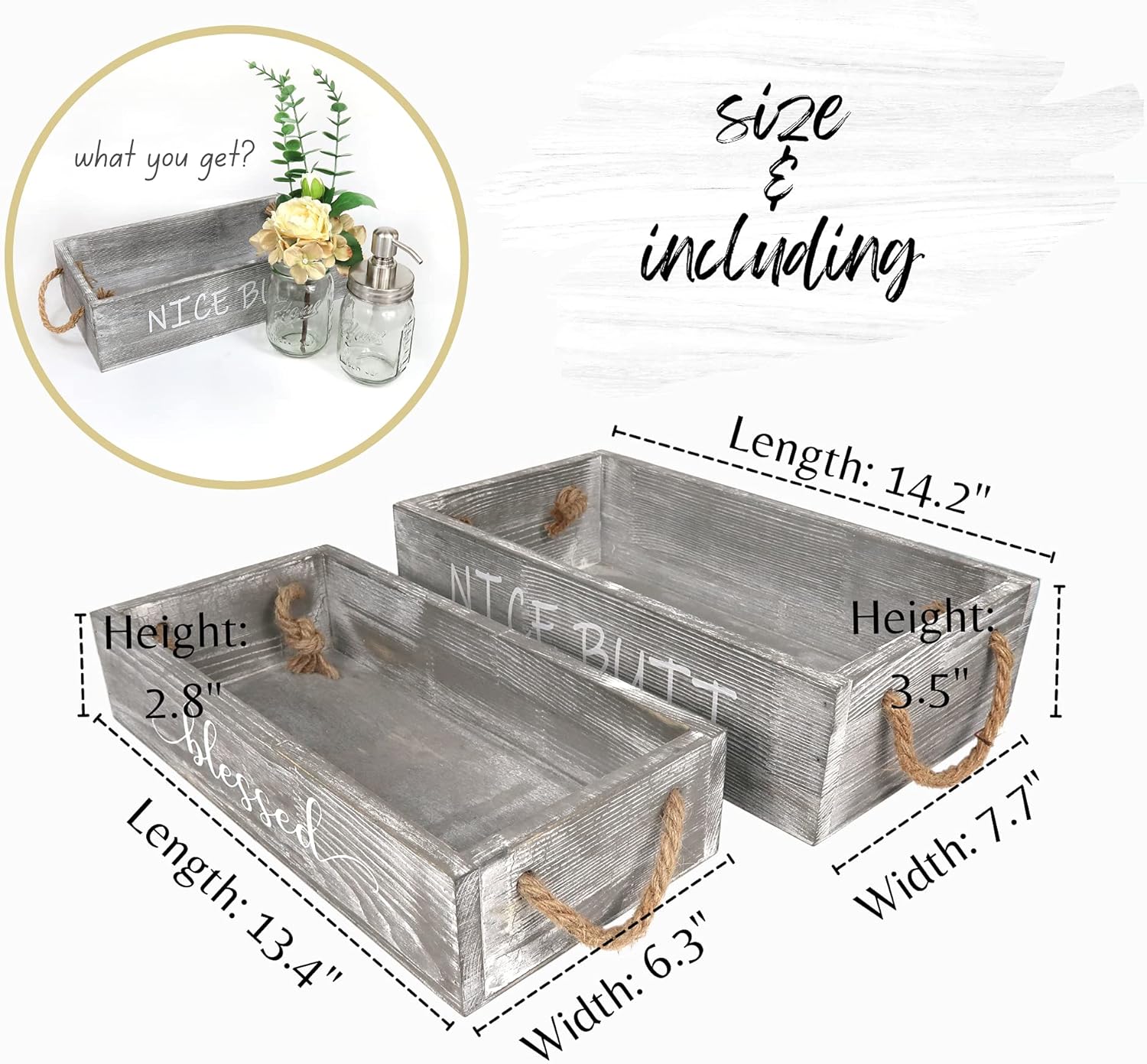 Besuerte Toilet Paper Holder Funny, Half Bathroom Decor Box with Mason Jar Soap Dispenser & Artificial Flower, Toilet Tank Tray for Bathroom Accessories Top of Toilet Organizer(Rustic Grey, Medium)