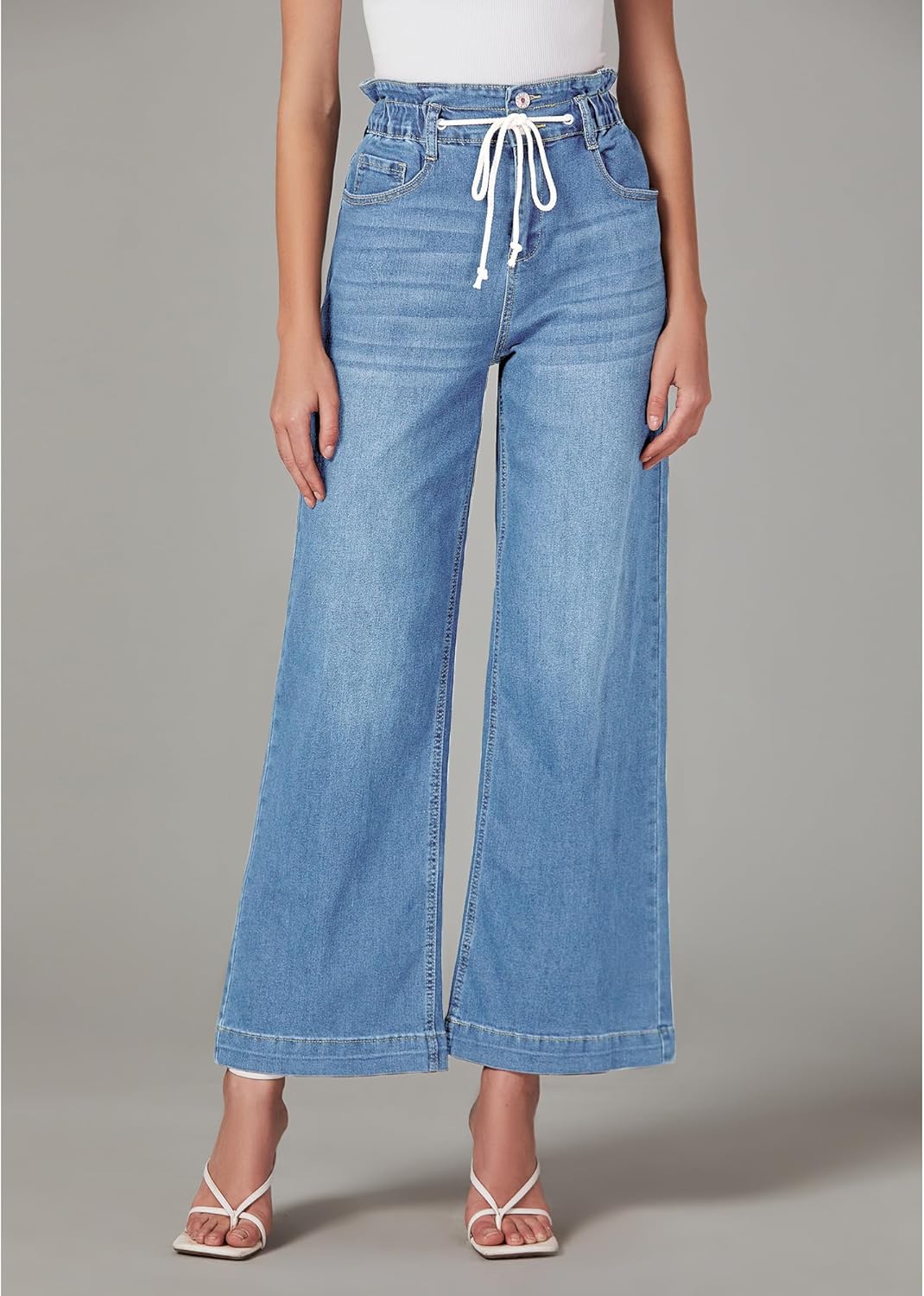 LookbookStore Womens Jeans Wide Leg High Waisted Trendy Elastic Wasit Drawstring Stretch Denim Pants Baggy Trouser Jeans - Image 2