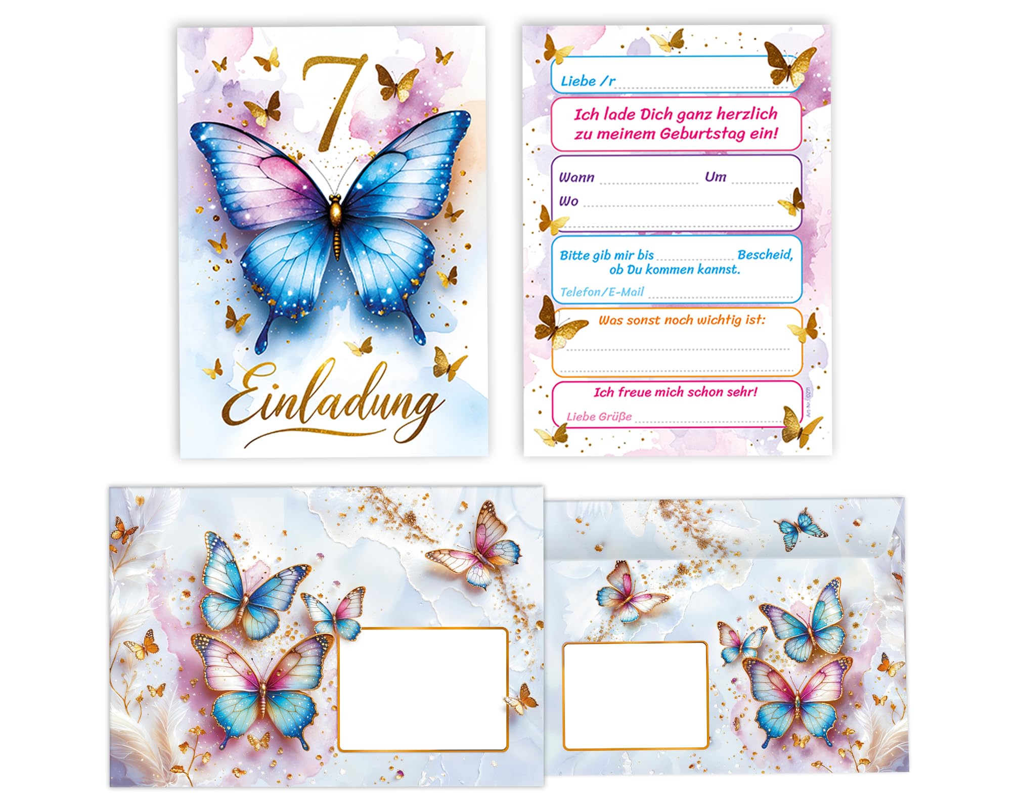JuNa-Experten 12 Einladungskarten incl. 12 Umschläge zum 7. Kindergeburtstag Kinder Schmetterling Mädchen coole bunte Einladungen siebte Geburtstag Mädchengeburtstag