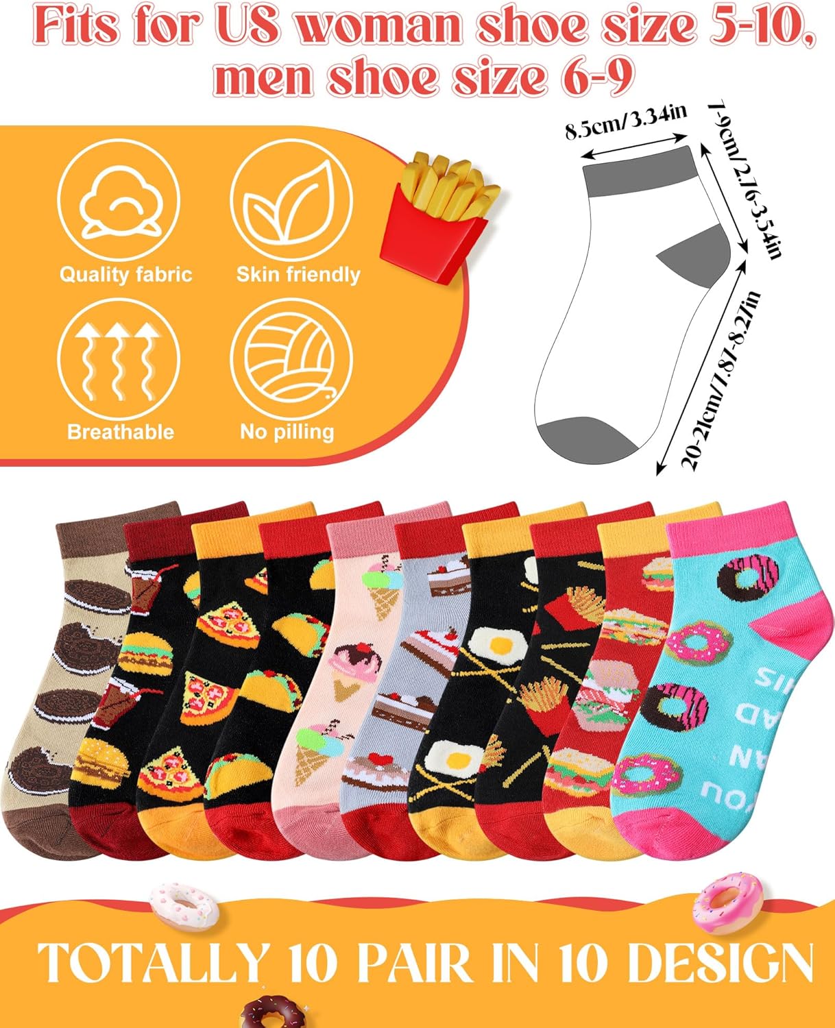 Leumoi 10 Pairs Funny Food Ankle Socks for Women Novelty Taco Short Snack Pizza Socks Bulk for Fast Food Lover Gift - Image 4