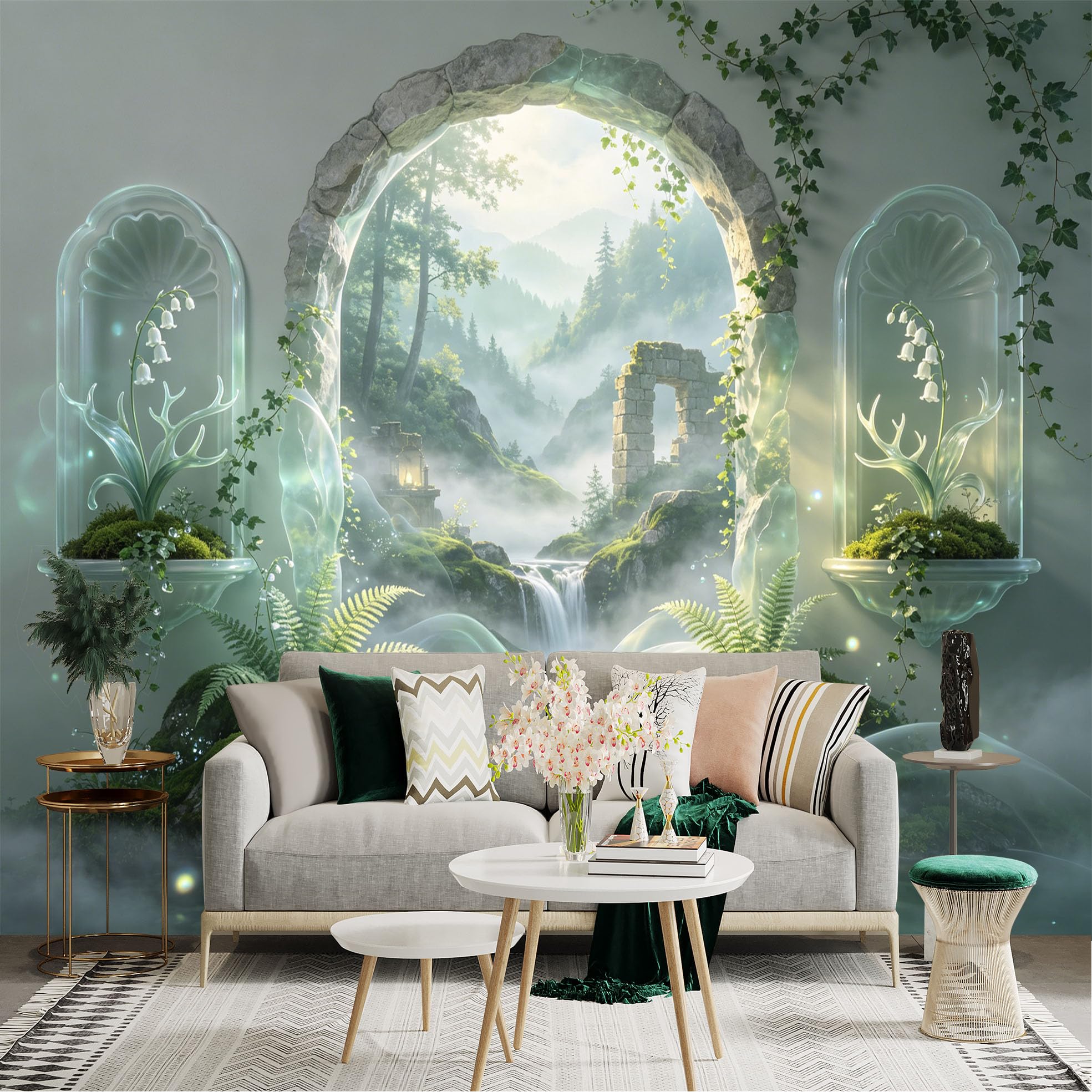 Custom Size Wall Sticker Mural， Enchanted Forest with Waterfall， Ruins and Lily of the Valley， for wall Decoration， peelandstick wall Decals.