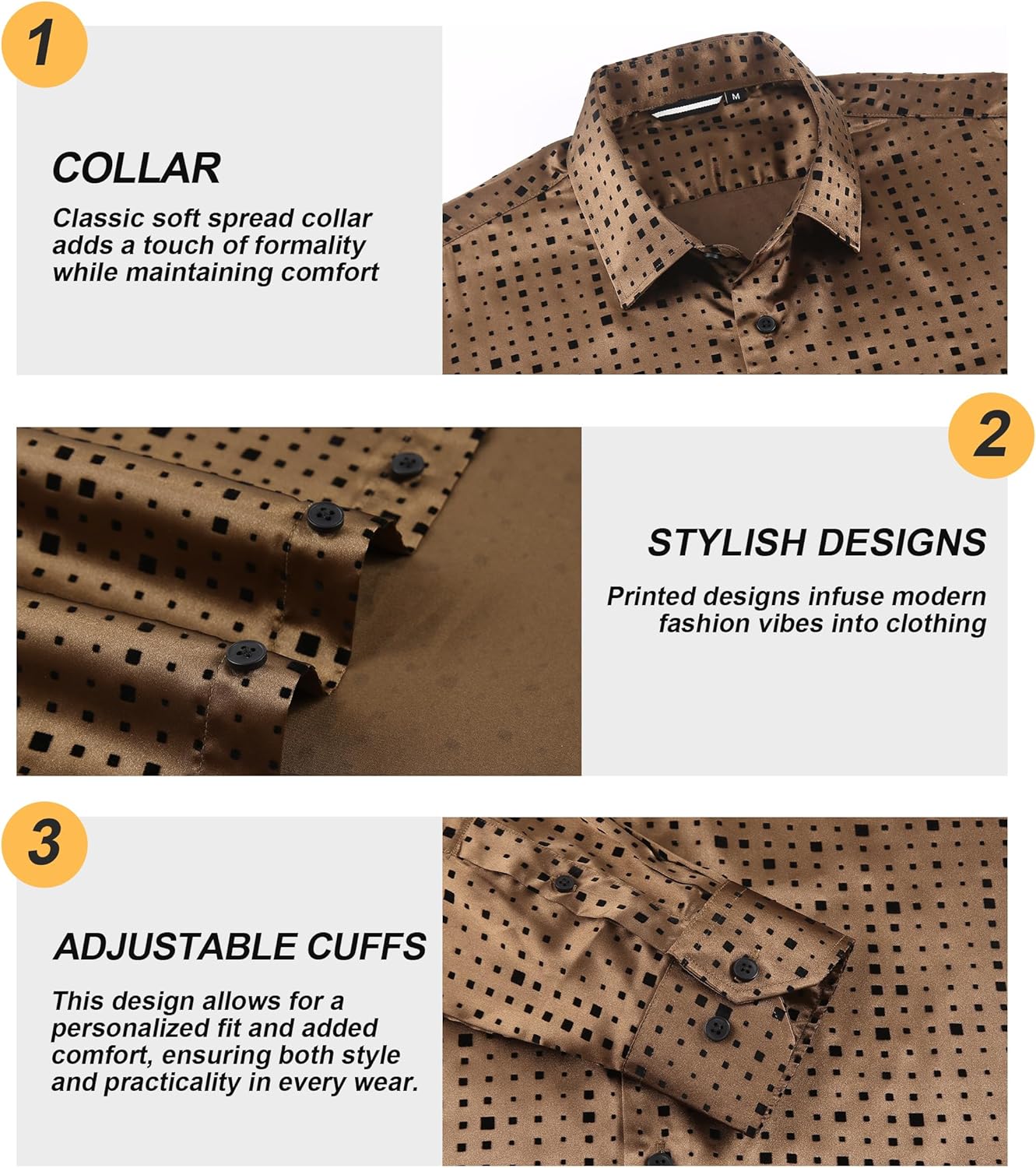 Damipow Men's Silk Satin Dress Shirts Long Sleeve Casual Button Down Shirt Party Prom Wedding Shirt - Image 5