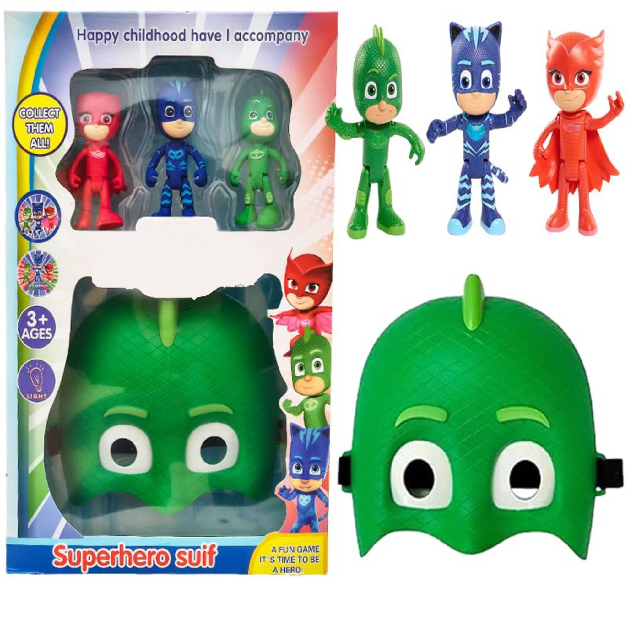 SHAKTISM Super-Hero Cartoon Suit Toy Set, 3 Action Figures with Mask, Pretend Playset for Boys Ages 3+, PJ-Masks Theme (Green-Night Time Heroes)-image-22