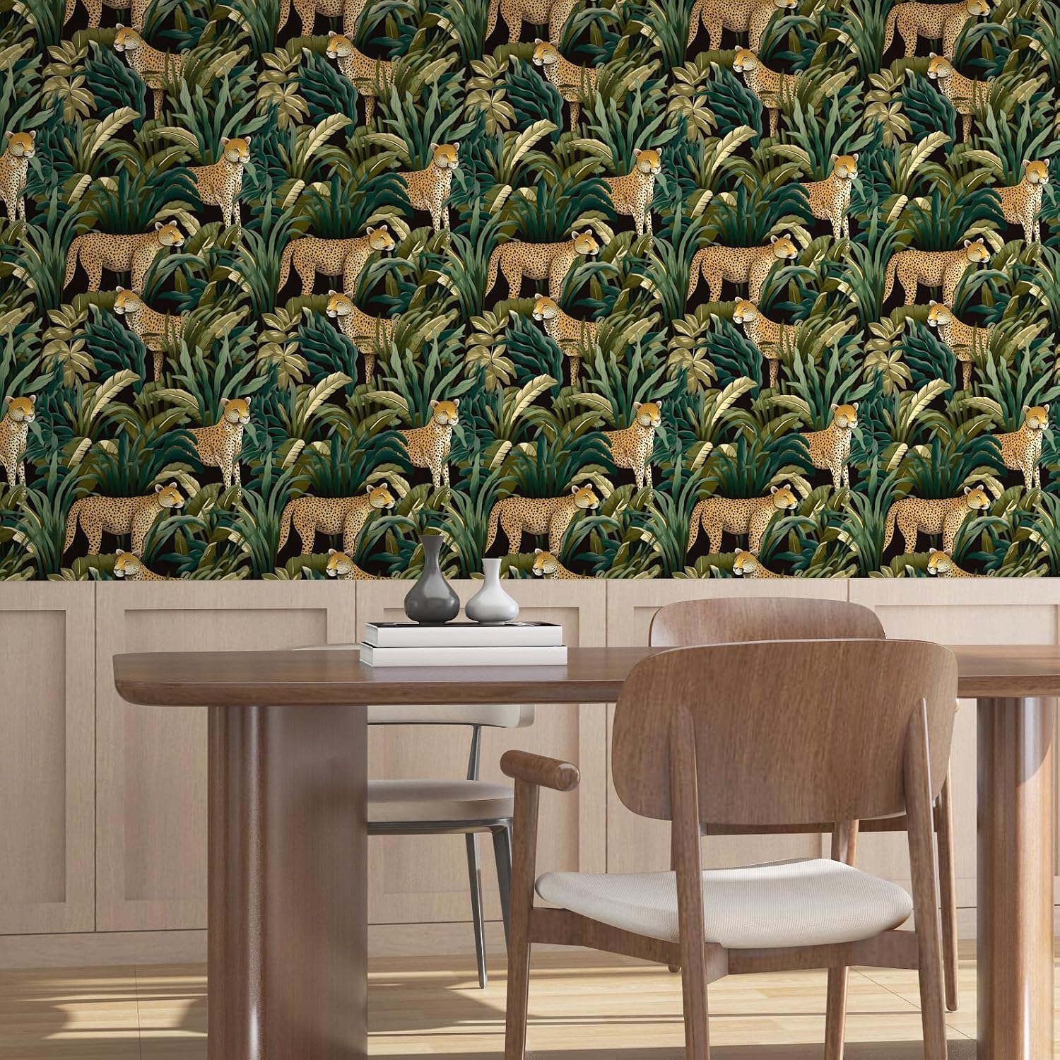 Leopard Peel and Stick Wallpaper Vintage Jungle Animal Contact Paper Tropical Flower Wall Mural Home Vinyl Waterproof Self Adhesive Removable Renter Friendly Wall Paper 17.5" x 393"