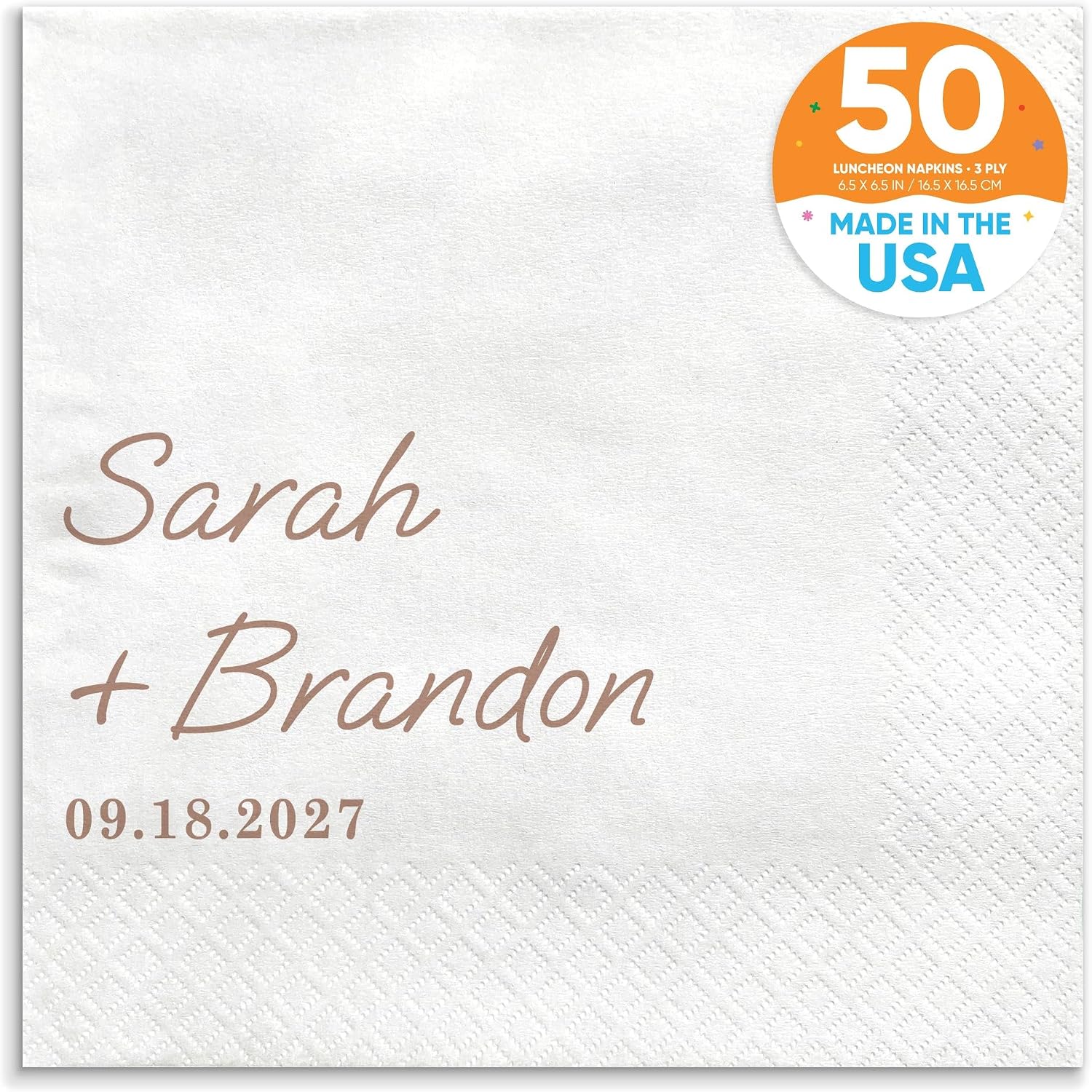 Big Dot of Happiness Personalized Simple Script Mocha Brown Wedding Party Napkins, Custom Bridal Shower or Anniversary Party Decor, White 3-Ply Paper Beverage Napkins - 50 Count
