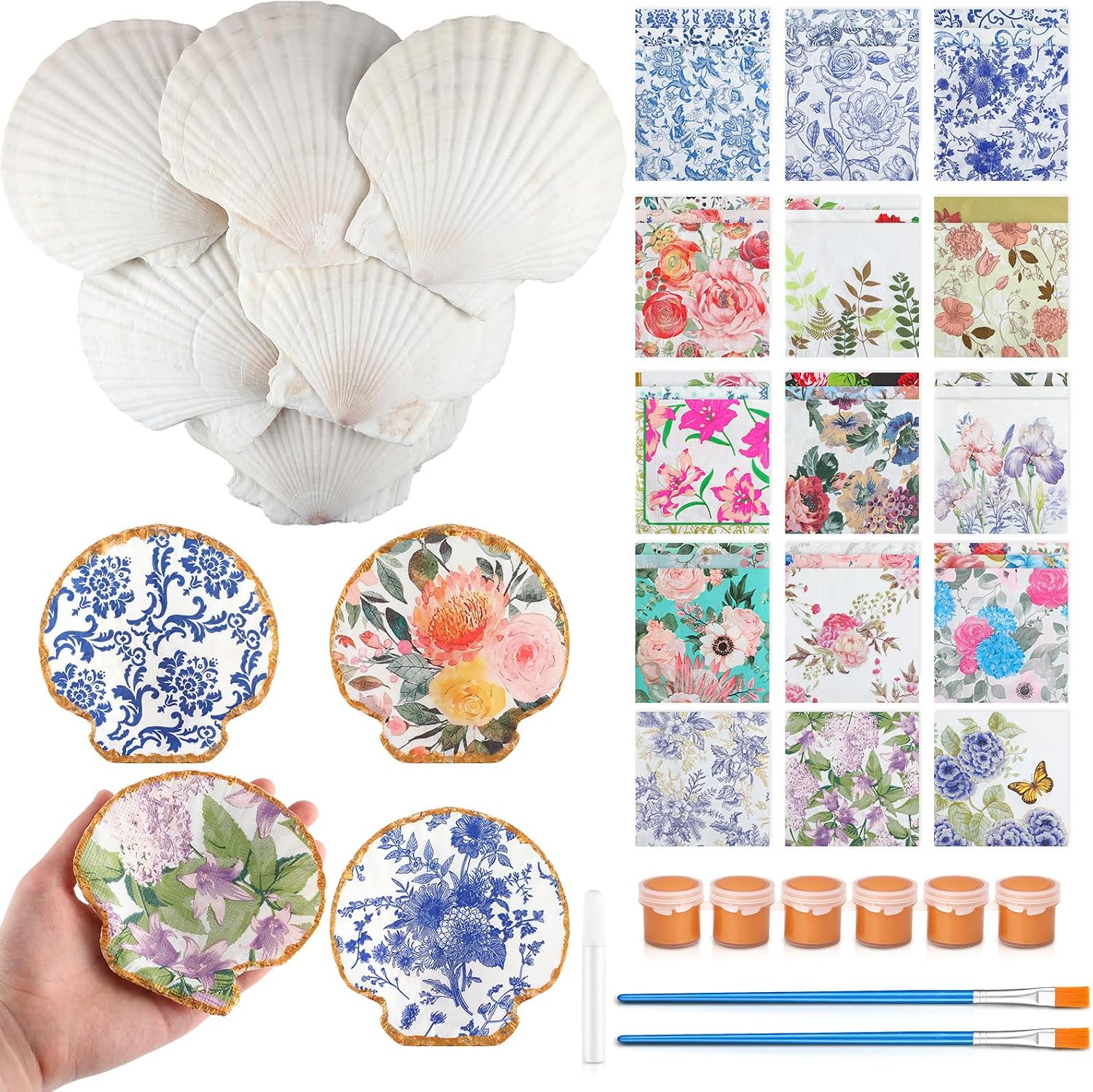 ForraFun 40 Set Scallop Shells for Crafts 4''-5'' White Natural Shells Bulk with Decoupage Floral Napkins Acrylic Paints Brushes and Glue for DIY Arts and Crafts Seashells Home Decor Ornaments
