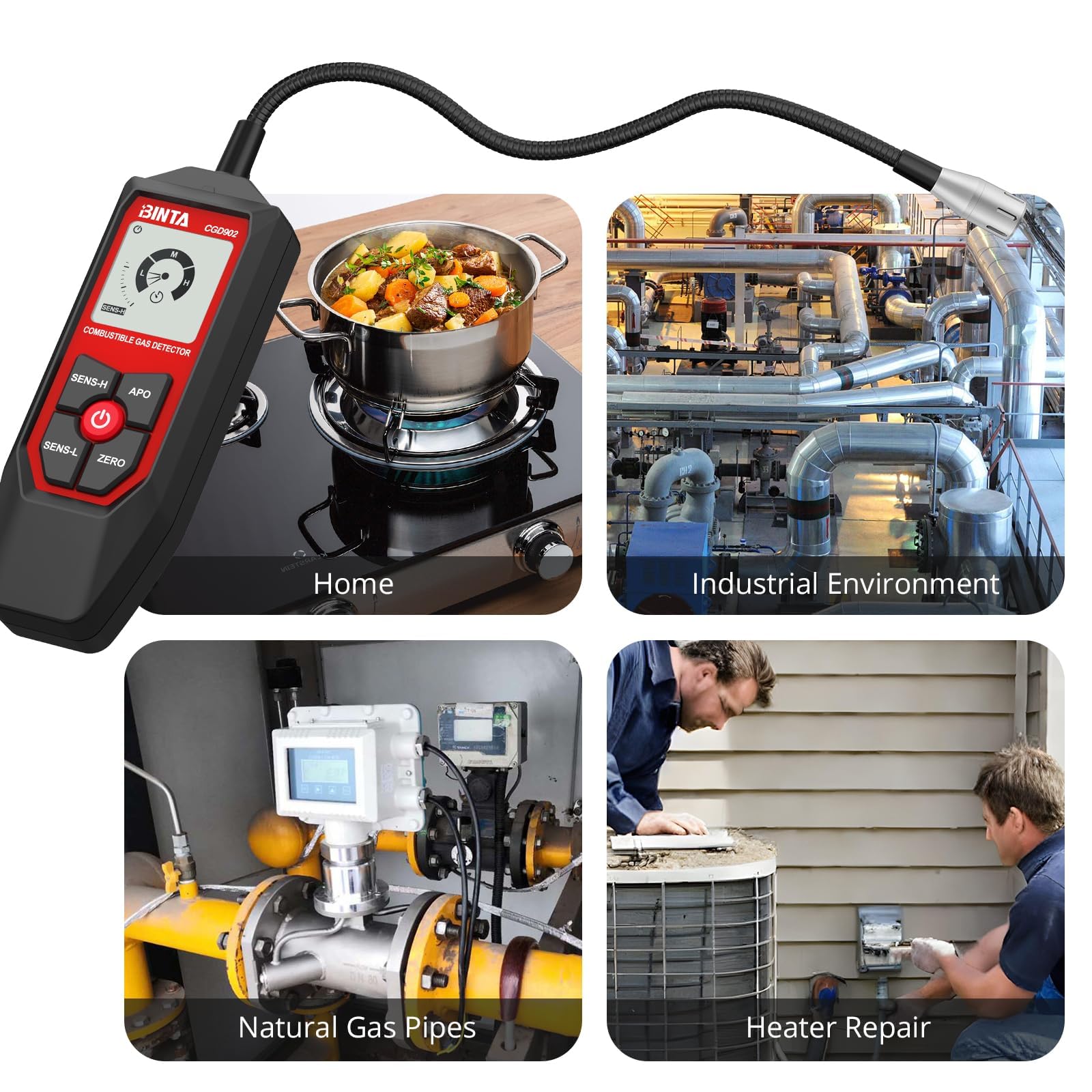 BINTA Détecteur de Gaz avec Col de Cygne Flexible de 18,5 Pouces, Détecteur de Fuite de Gaz Portable avec Alarmes Sonores et Visuelles, Propane, Gaz Naturel, Gaz Combustible pour Maison, RV, HVAC