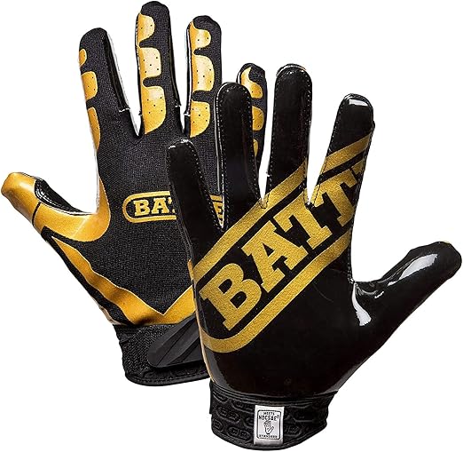 Battle Sports Ultra-Stick Wide Receiver Football Gloves - Adult & Youth Football Gloves - Youth Large, Vegas Gold/Black