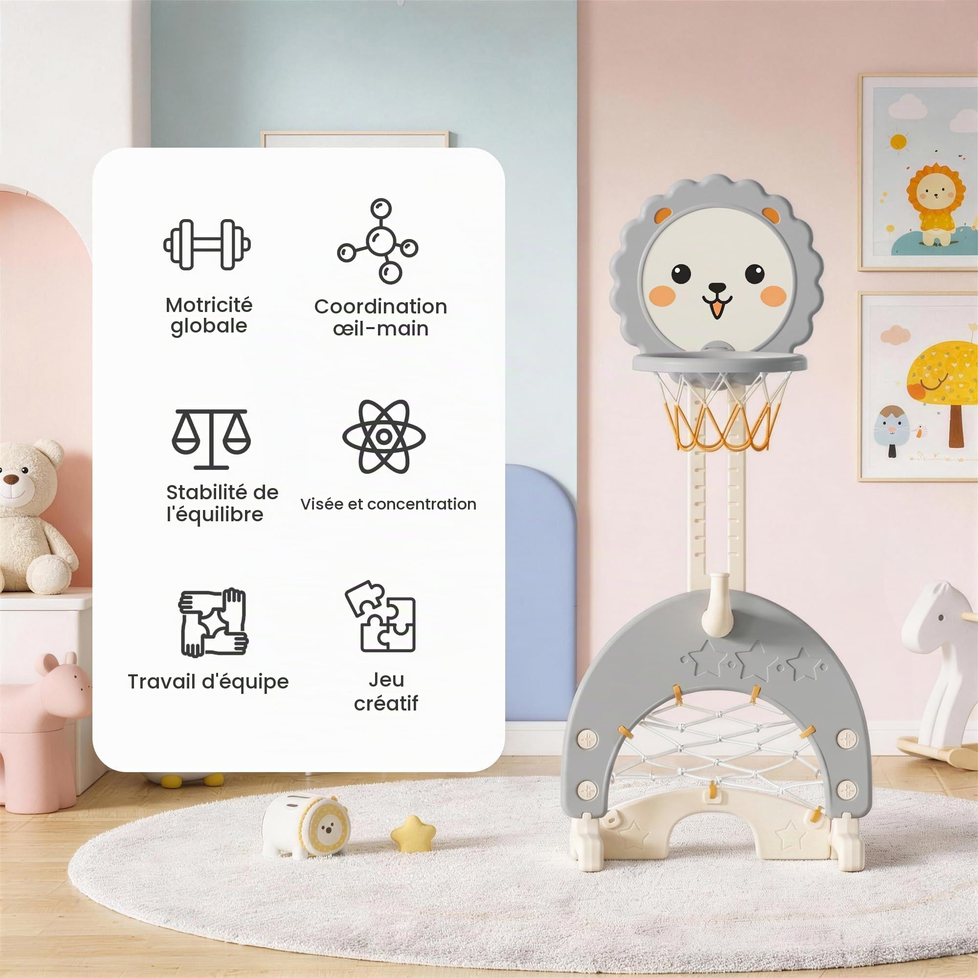 3 en 1 Panier de Basket Enfant - Hauteur Réglable avec But de Football et Lancer d’Anneaux, Mini Panier de Basket, Intérieur et Extérieur, pour Tout-Petits, Gris