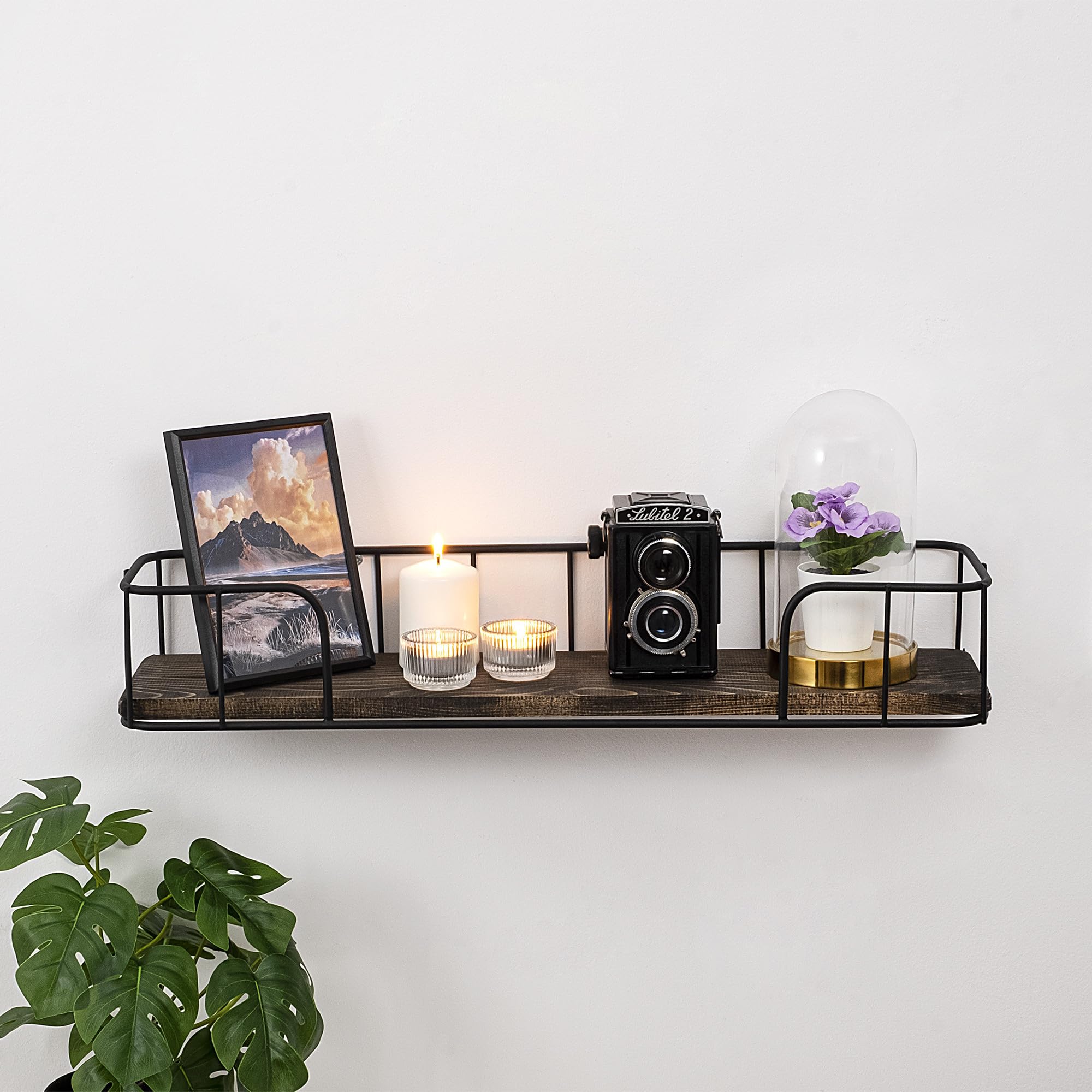Deconation - Estantería de pared de madera de abeto y metal negro y nogal oscuro 60 x 10 x 15 cm, estilo industrial