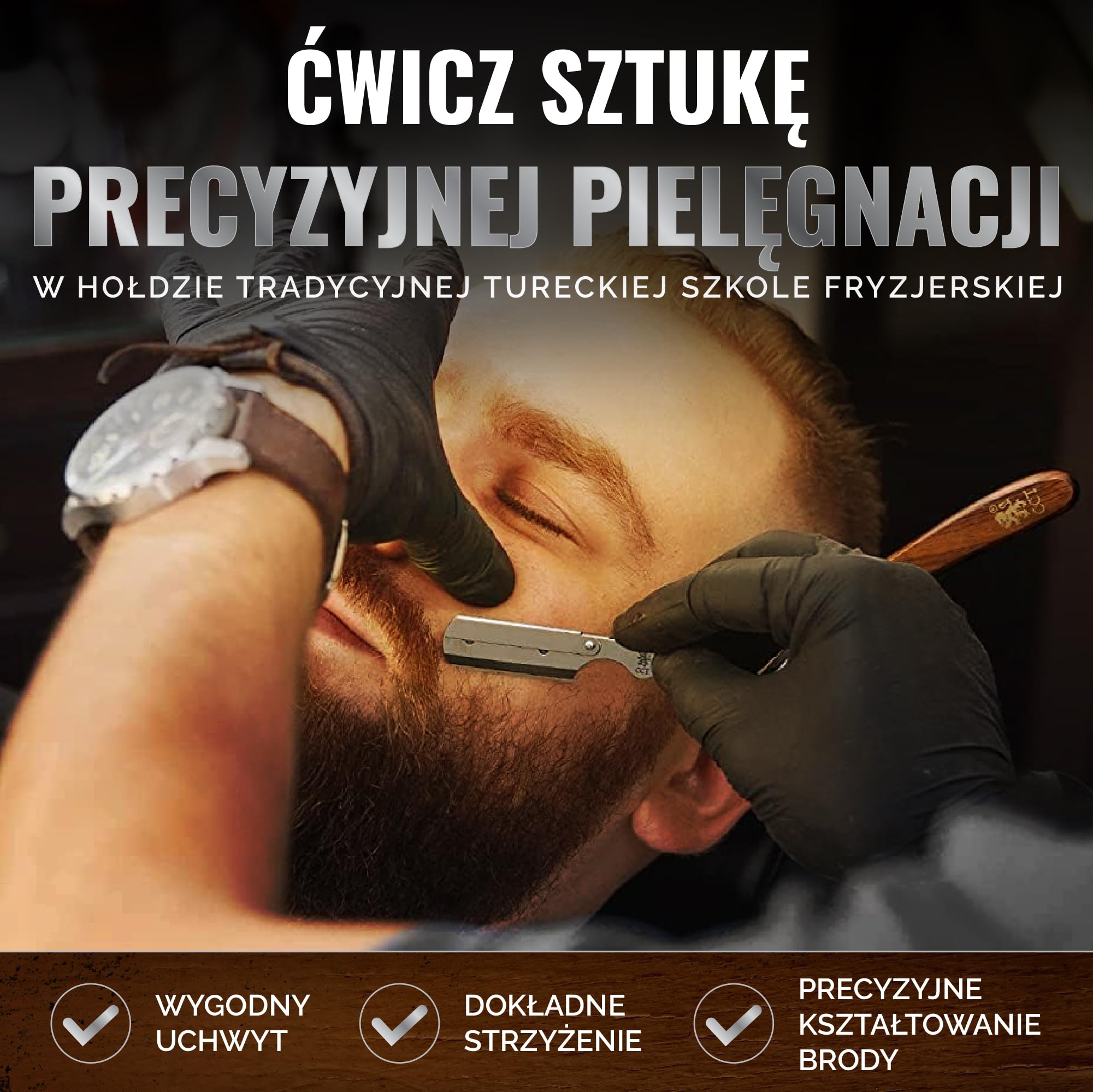 Profesjonalny zestaw brzytwy The Cambridge Cutthroat® Missanda z Drewna i Stali Nierdzewnej, brzytwa z pojedynczym ostrzem premium, do stylizacji wąsów i brody, z etui podróżnym