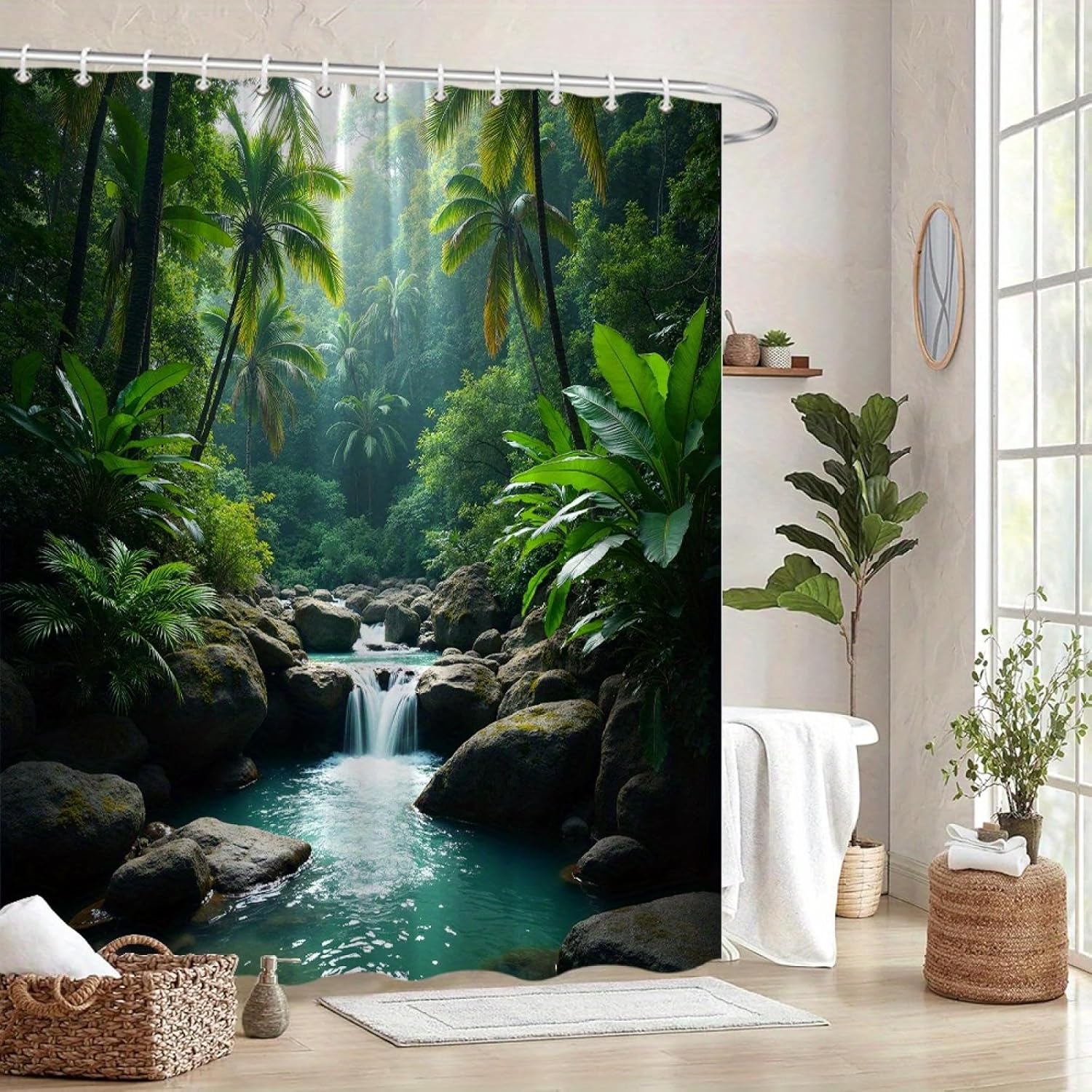 1pc Tropical Waterfall Shower Curtain, Cascading Water Over Moss Serene Jungle Bathroom Decor Polyester Fabric Shower Curtain 84x72in-213x183cm/WxH