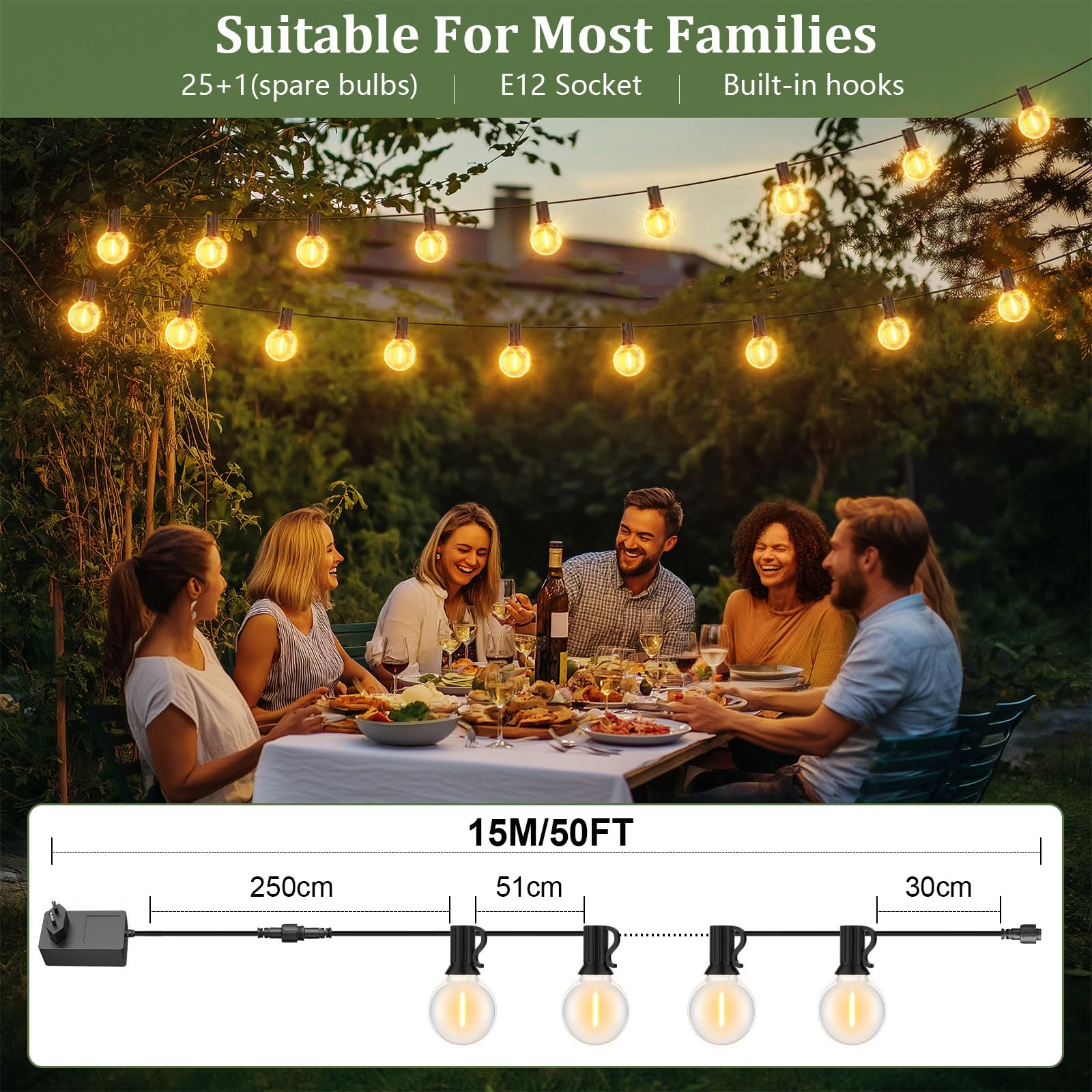 Guirnalda Luces Exterior, 15M IP45 Impermeable Conectable Guirnaldas con 25+1 Bombillas de Plástico Inastillable, 2500K Blanco Cálido para Jardín, Patio, Fiesta, Boda e Interior/Exterior