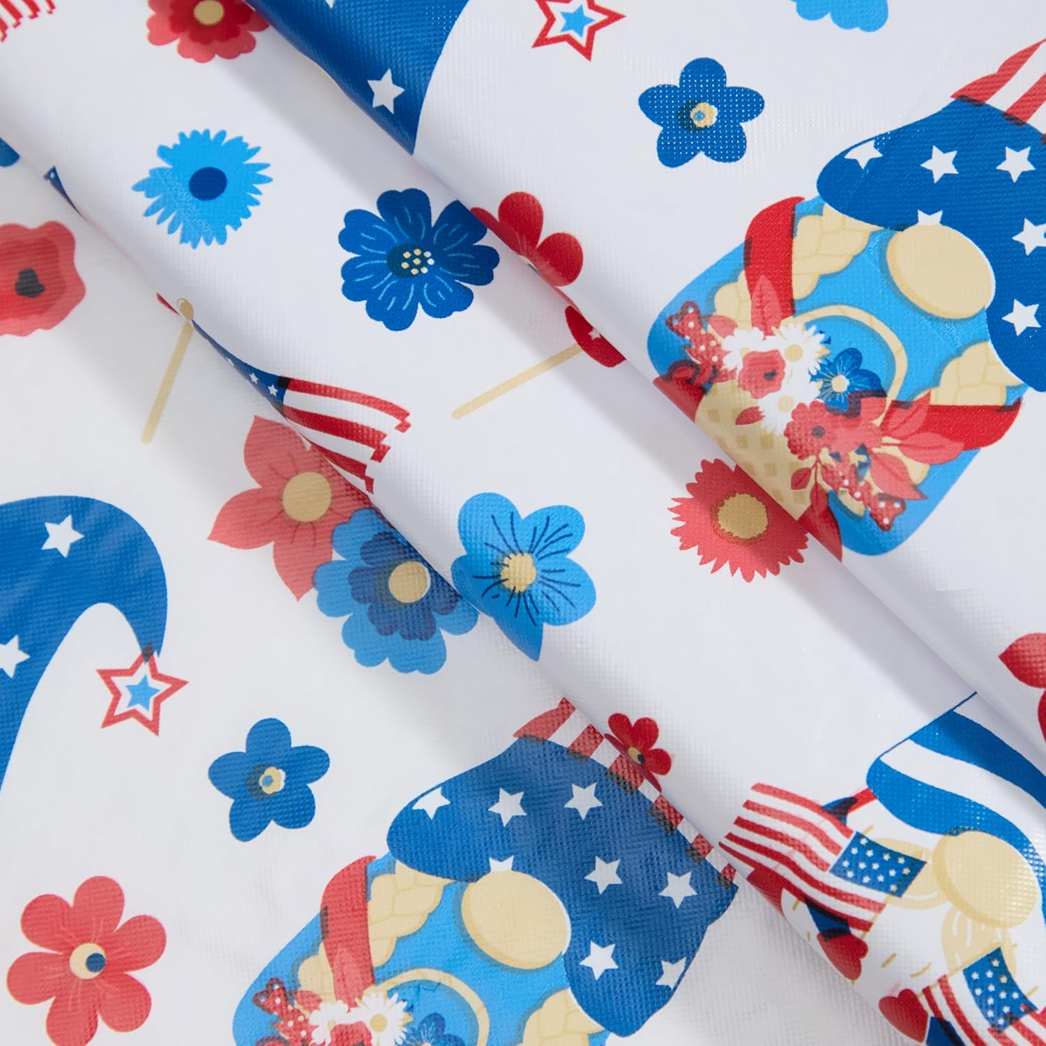 Newbridge Gnome Party Vinyl Flannel Backed Tablecloth, 60 x 102 Inch Rectangle, Patriotic 4th of July Gnomes with Flags and Fireworks Wipe Clean Table Cover