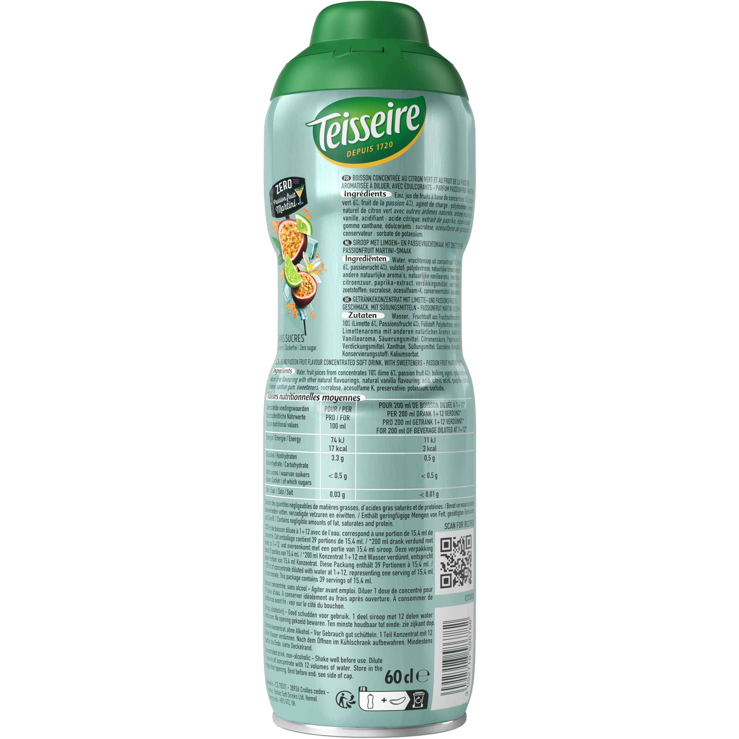 Teisseire Passion Fruit Martini Zero – per bibite analcoliche con autentico sapore da cocktail Martini Maracuaja, 6 x 600 ml