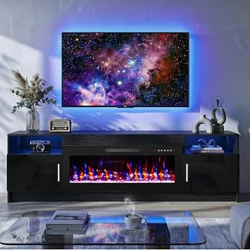 70" Electric Fireplace TV Stand for 80 TV, LED Light Entertainment Center with High Glossy Doors, TV Console with Storage, Black