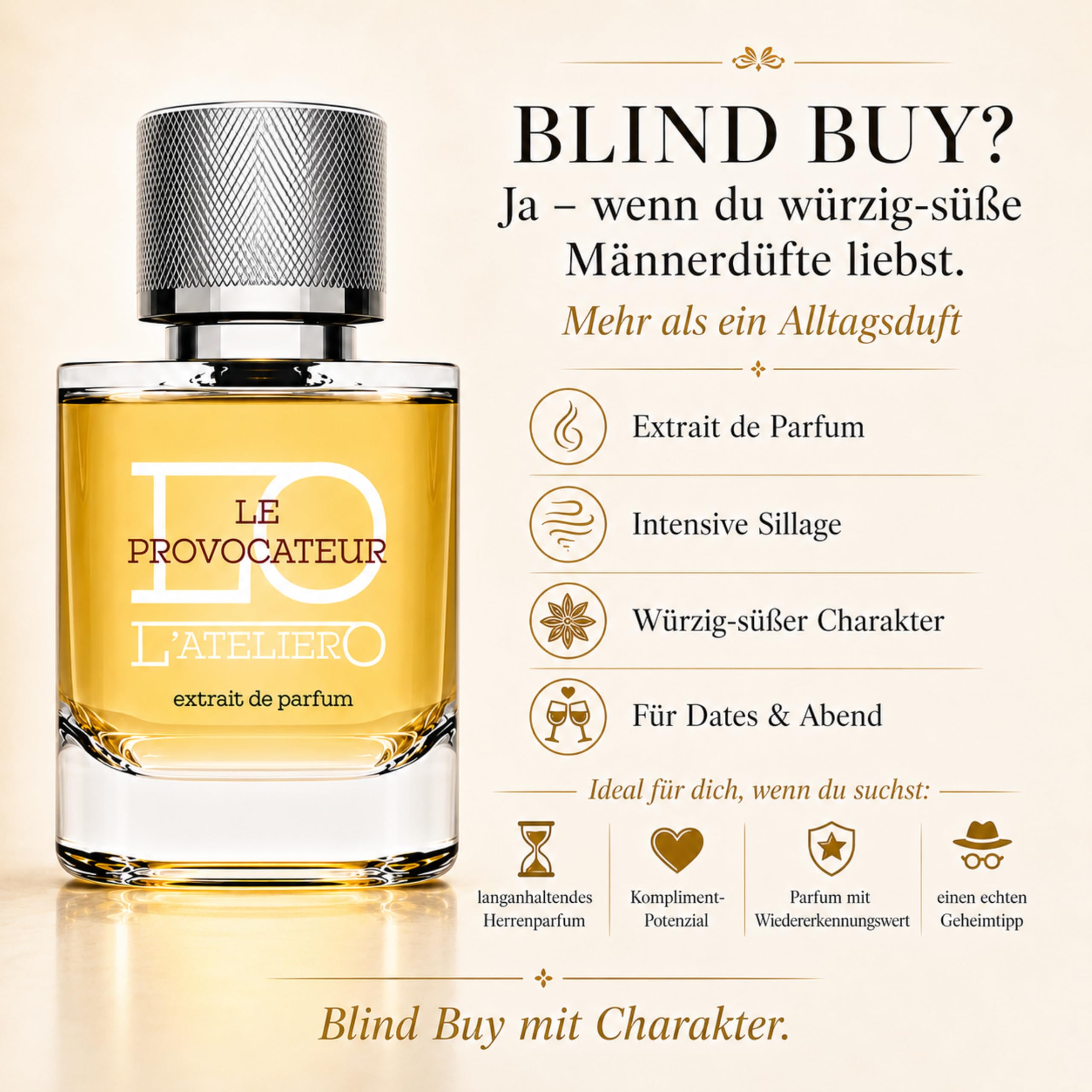 L'ATELIERO - LE PROVOCATEUR - Extrait de Parfum für Männer 50 ml | 25% Parfumöl mit Zimt, Leder und Amber, intensiv würzig süß, frisch und ganzjährig