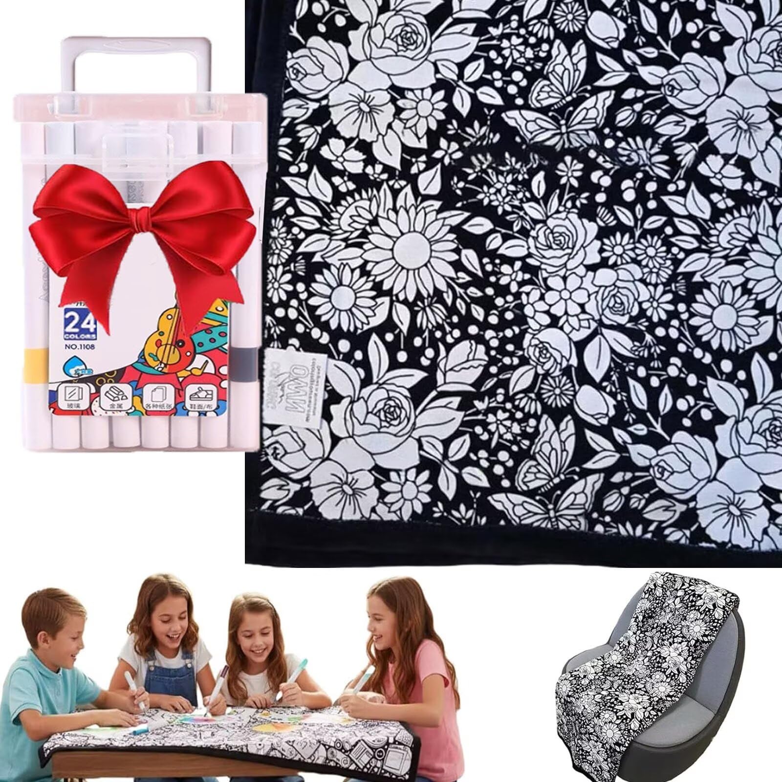 Coloring DIY Washable Blanket, with 24pc Colored Pens, 59x53 Inch, Creative Art Custom Dyed Fabric Blankets (Retro Flowers)