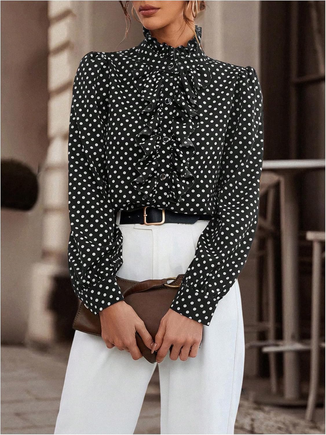 Floerns Women's Ladies Polka Dots Long Sleeve Ruffle Button Down Business Dressy Casual Office Shirts Blouses Tops - Image 3