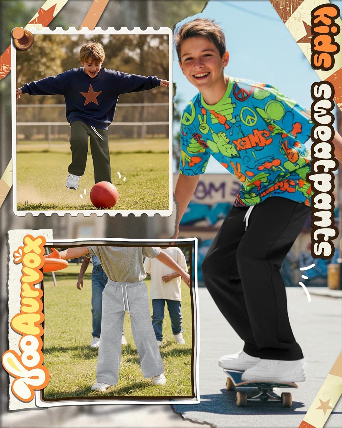 3 Pack Boys Straight Leg Sweatpant Kids Open Bottom Drawstring Athletic Jogger Baggy Elastic Waist Pant with Pocket