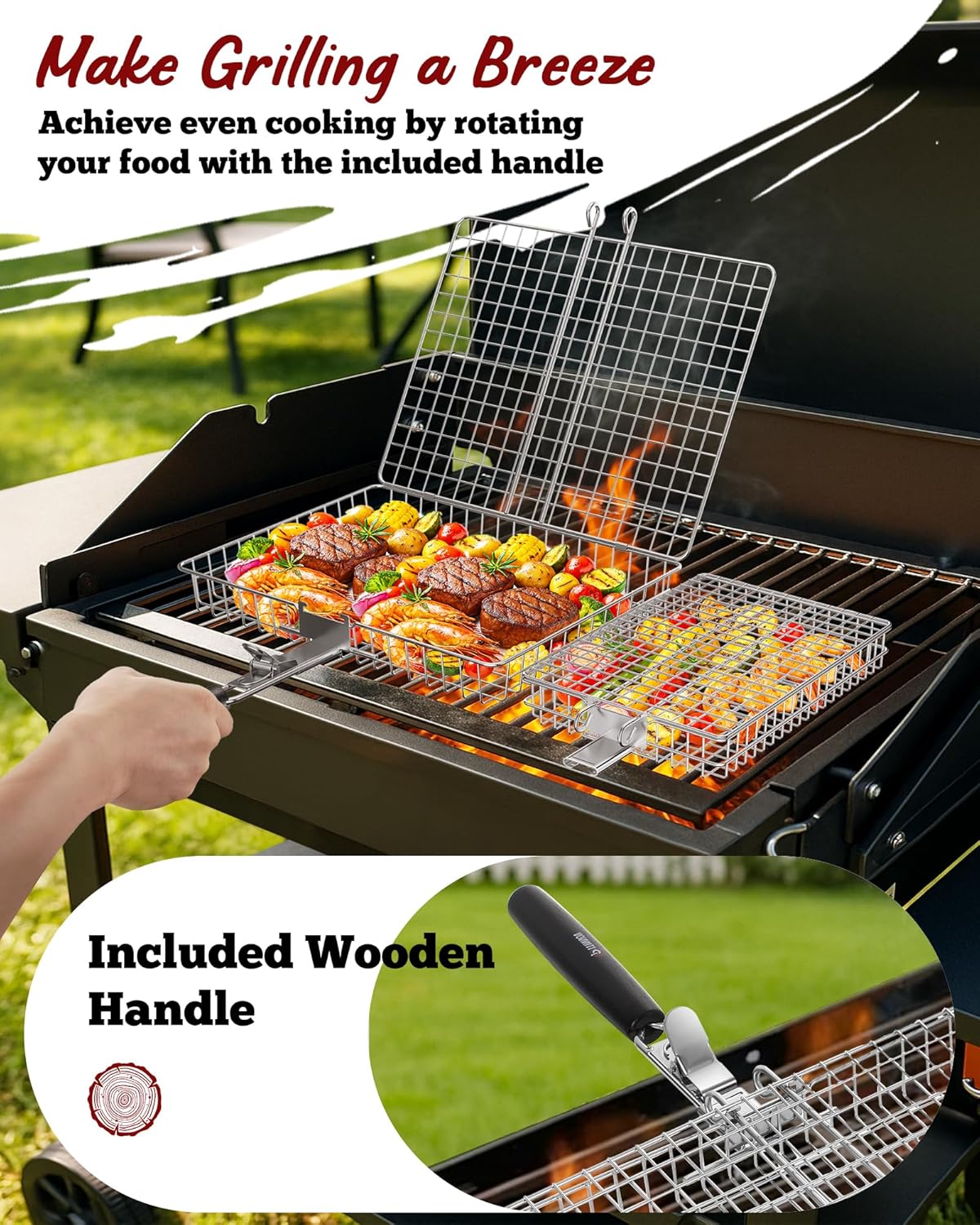 Nesting Grill Baskets, 2PCS Grilling Baskets for Outdoor with Removable Handle, Stainless Steel BBQ Camping Cooking Accessories Tools for Meat Steak Fish Vegetable Shrimp, Gifts for Men Dad Husband