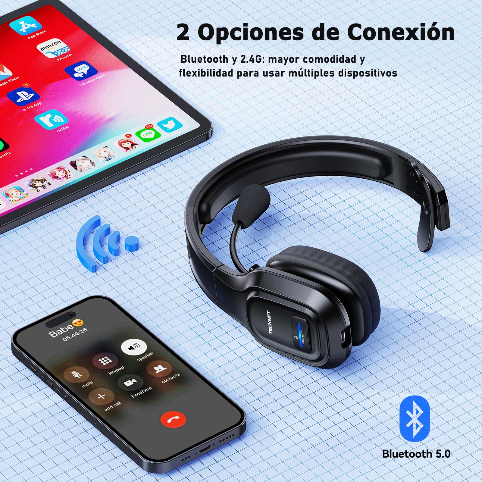 TECKNET Auriculares para PC con Micrófono, Auriculares Bluetooth con Cancelación de Ruido. Sonido Estéreo Nítido. Compatibles con Skype, Teléfonos, Centros de Llamadas y Cursos Online