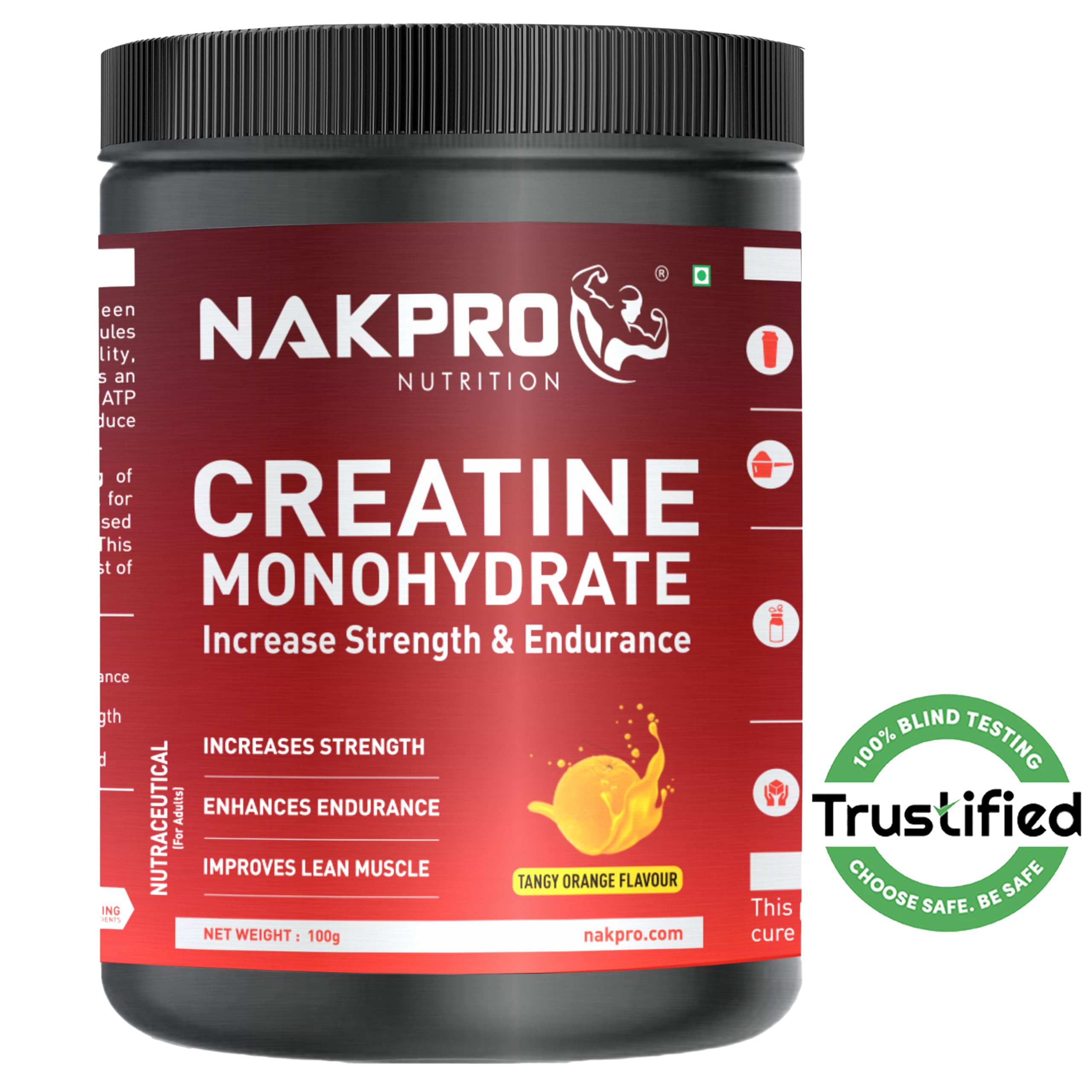 NAKPRO Micronised Creatine Monohydrate Powder 100g, Tangy Orange | 3g Creatine/Serving | Trustified Certified | Rapid Absorption Pre/Post Workout Supplement for Muscle Repair & Recovery - Image 2 thumbnail
