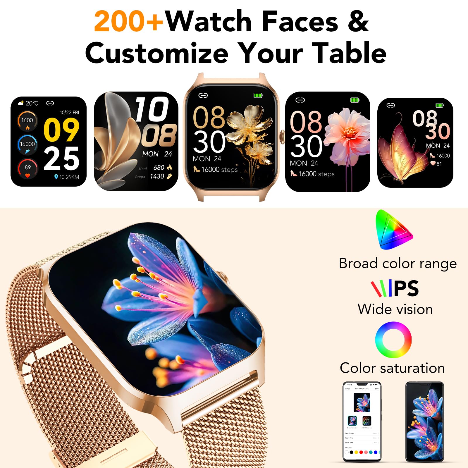 Smartwatch Donna,1.85'' Orologio Smartwatch con Chiamate Bluetooth/Assistente,120+ Sportive Smart Watch con Contapassi/Sonno/Cardiofrequenzimetro,IP68 Fitness Tracker per iOS Android, Oro e Rosa