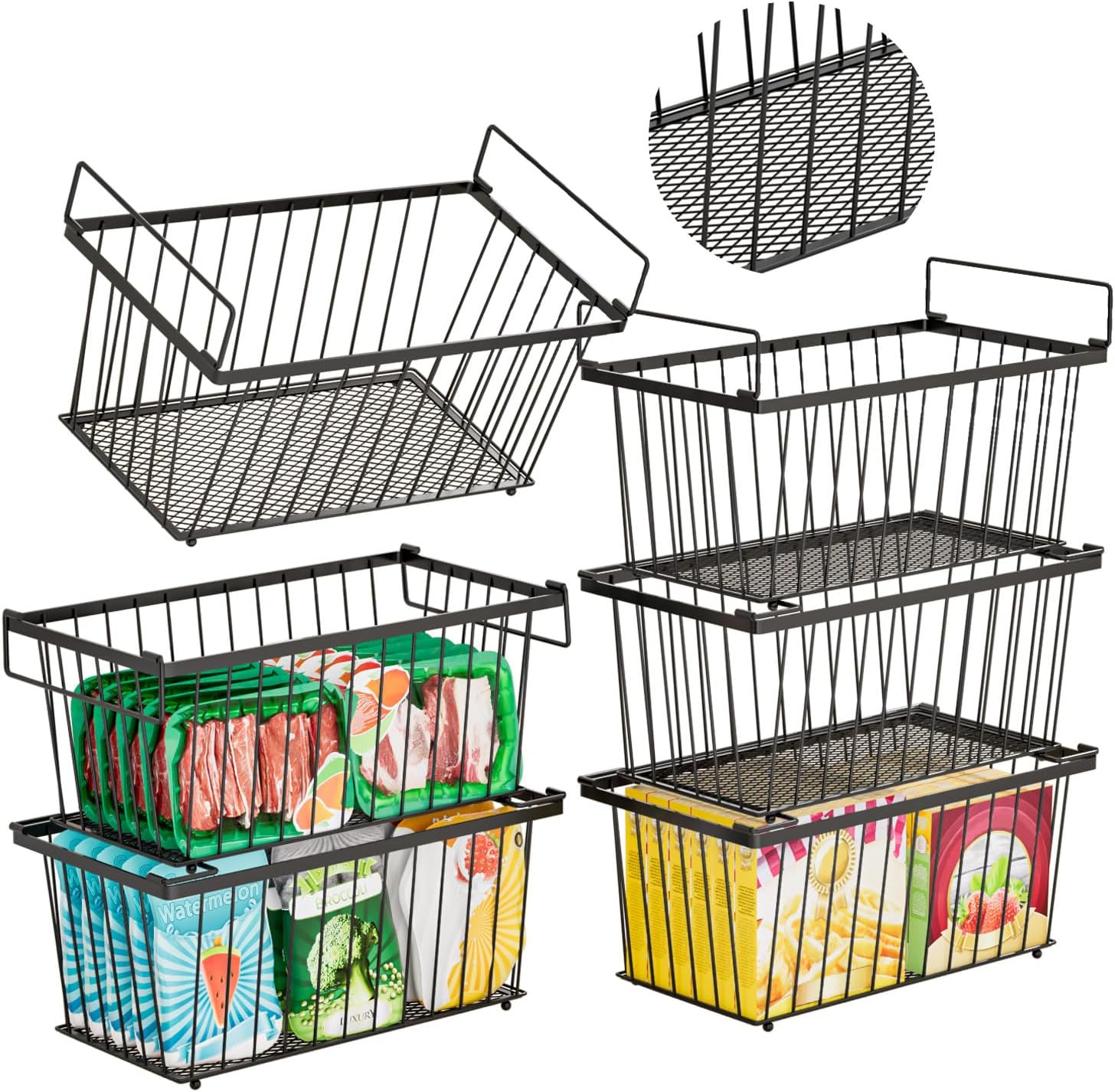 6 Pack Stackable Deep Freezer Organizer Bins ，Upgraded Bottom Leak-Proof net，Encryption and Hardening and 4PCS-U-Shaped Stackable Wire Baskets, Suitable for Storage Shelves