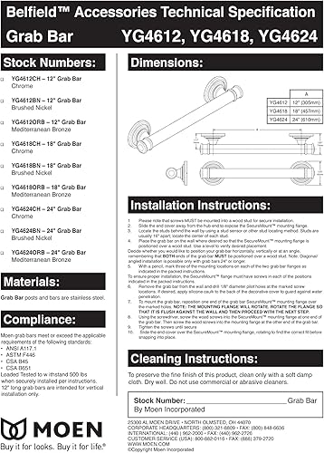 Miniatura 3 de Moen YG6412NL - Barra de agarre tradicional de acero inoxidable de 12 pulgadas, níquel pulido
