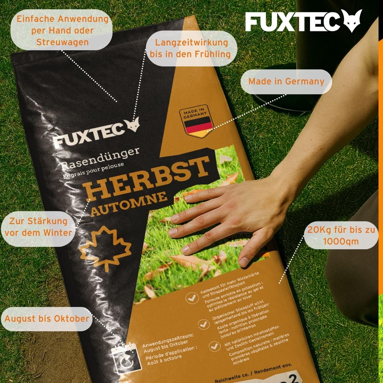 FUXTEC Herbstrasendünger FX-RDH20, Kaliumdünger für ca. 1000 m² - 20kg - Rasendünger mit Kalium zur Stärkung vor dem Winter, Frosthärtung & Nährstoffversorgung, für Frosthärte, gegen Moos & Unkraut