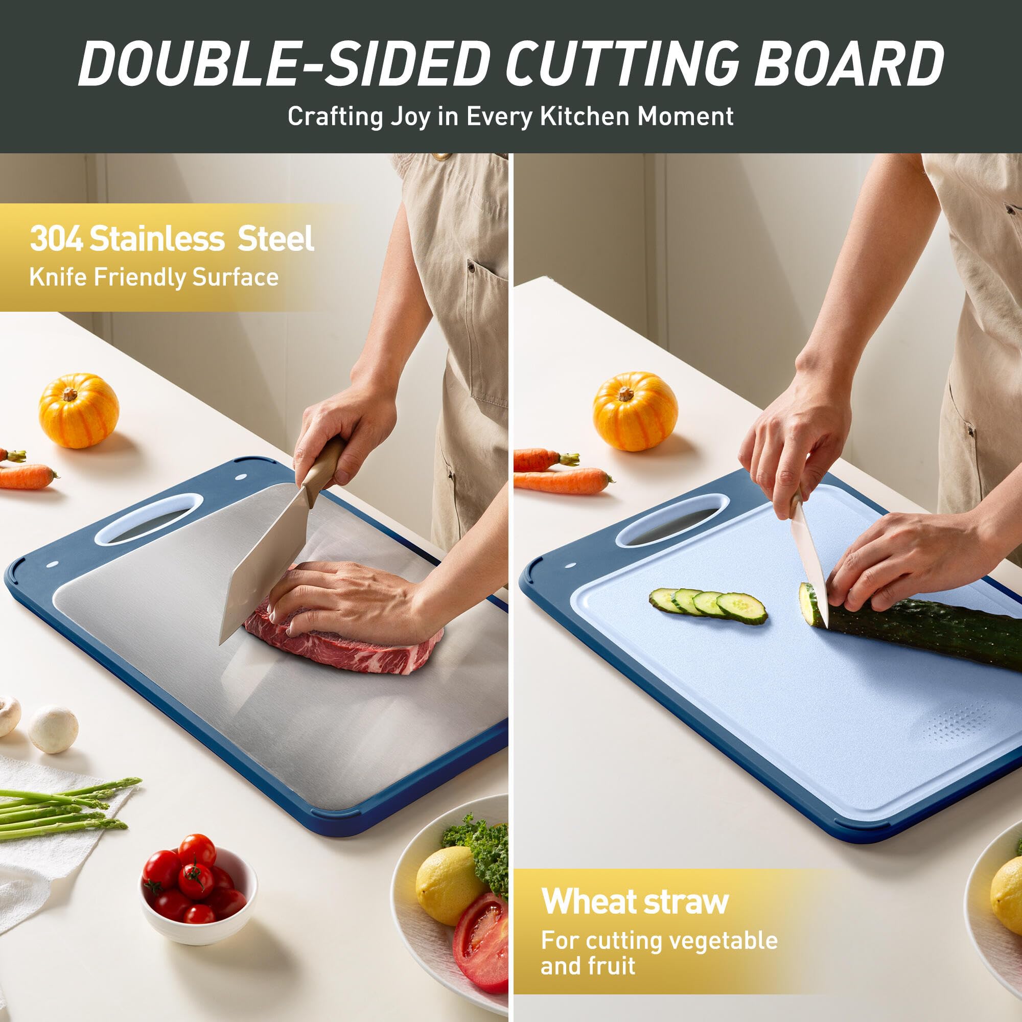 Tabla de cortar 2 en 1 de acero inoxidable con asa, tabla de cortar de carne grande, bloque de carnicero, accesorios de cocina, accesorios esenciales para el primer departamento, artículo