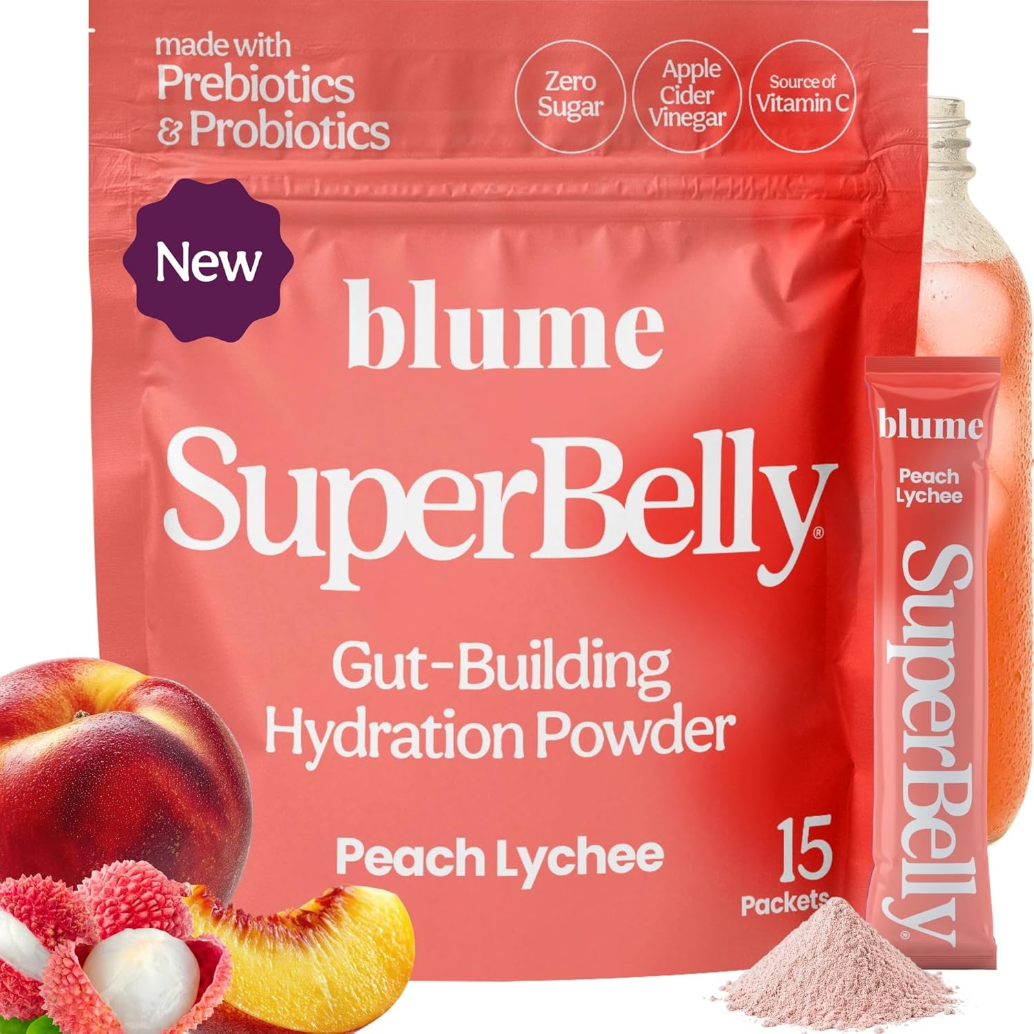 Blume NEW SuperBelly Gut Health + Hydration, Daily Sugar Free Probiotics, Prebiotic Fiber, and Electrolytes Powder Packets for Digestion Support, Stacked Water - Peach Lychee, 15 Sticks