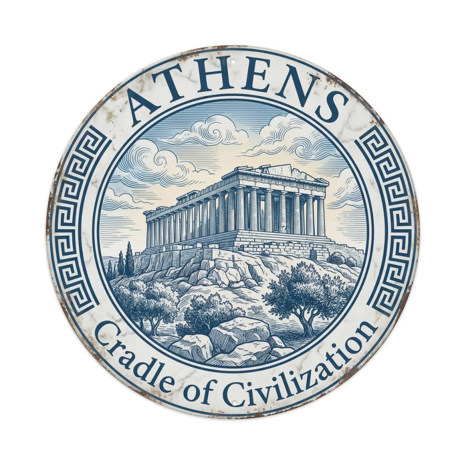 Vintage Travel Athens Acropolis Greece Artwork Metal Tin Sign Plaque Wall Decor for Cafe, Club, Garden Round Metal Poster 8x8Inch