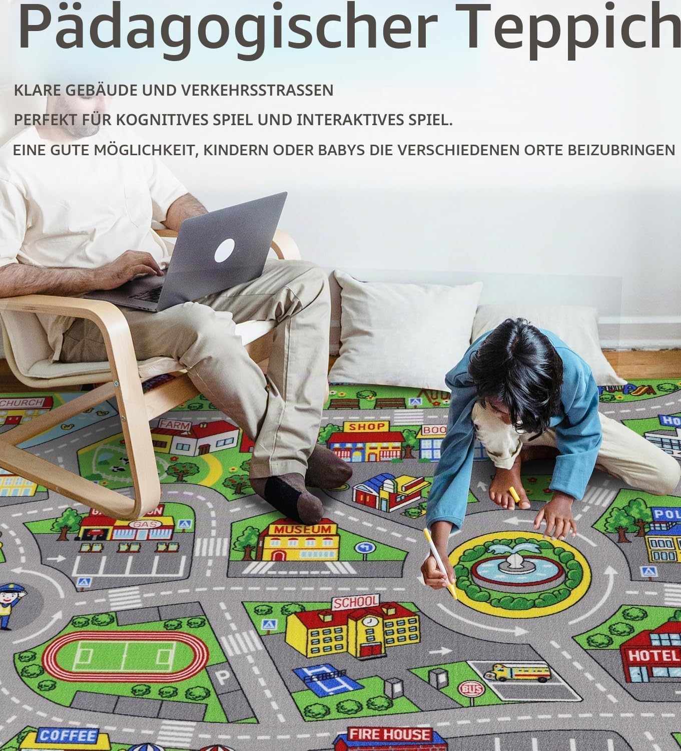 Capslpad Autoteppich Kinder 150x200cm rutschfest Kinderteppich Stadtplan Interaktiver Spielteppich Waschbar Kreativ Pädagogisch Spielmatte für Kinder Teenager Kinderzimmer Spielzimmer Dekor, Grün