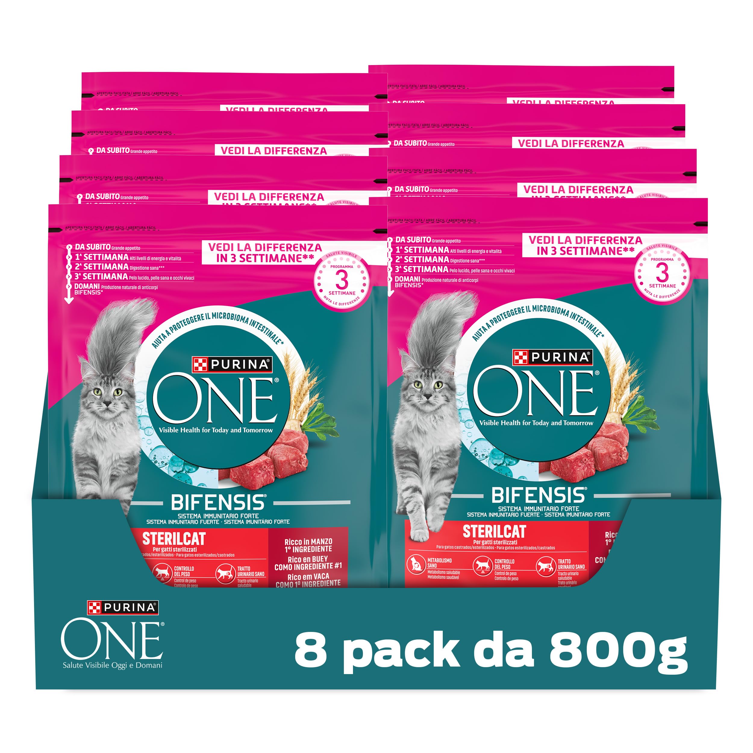 PURINA ONE Bifensis Sterilcat Crocchette Gatti Adulti, 8 Sacchi da 800g | Crocchette per Gatti Adulti Sterilizzati con Manzo e Frumento
