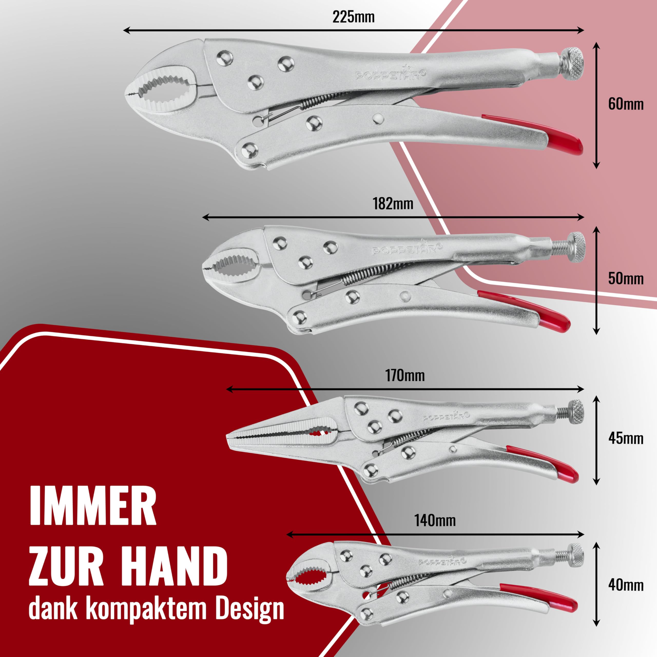 Poppstar Gripzangenset mit 3x Gripzange (225/182 / 140 mm) und 1x Langbeckzange (170 mm) inkl. Tasche