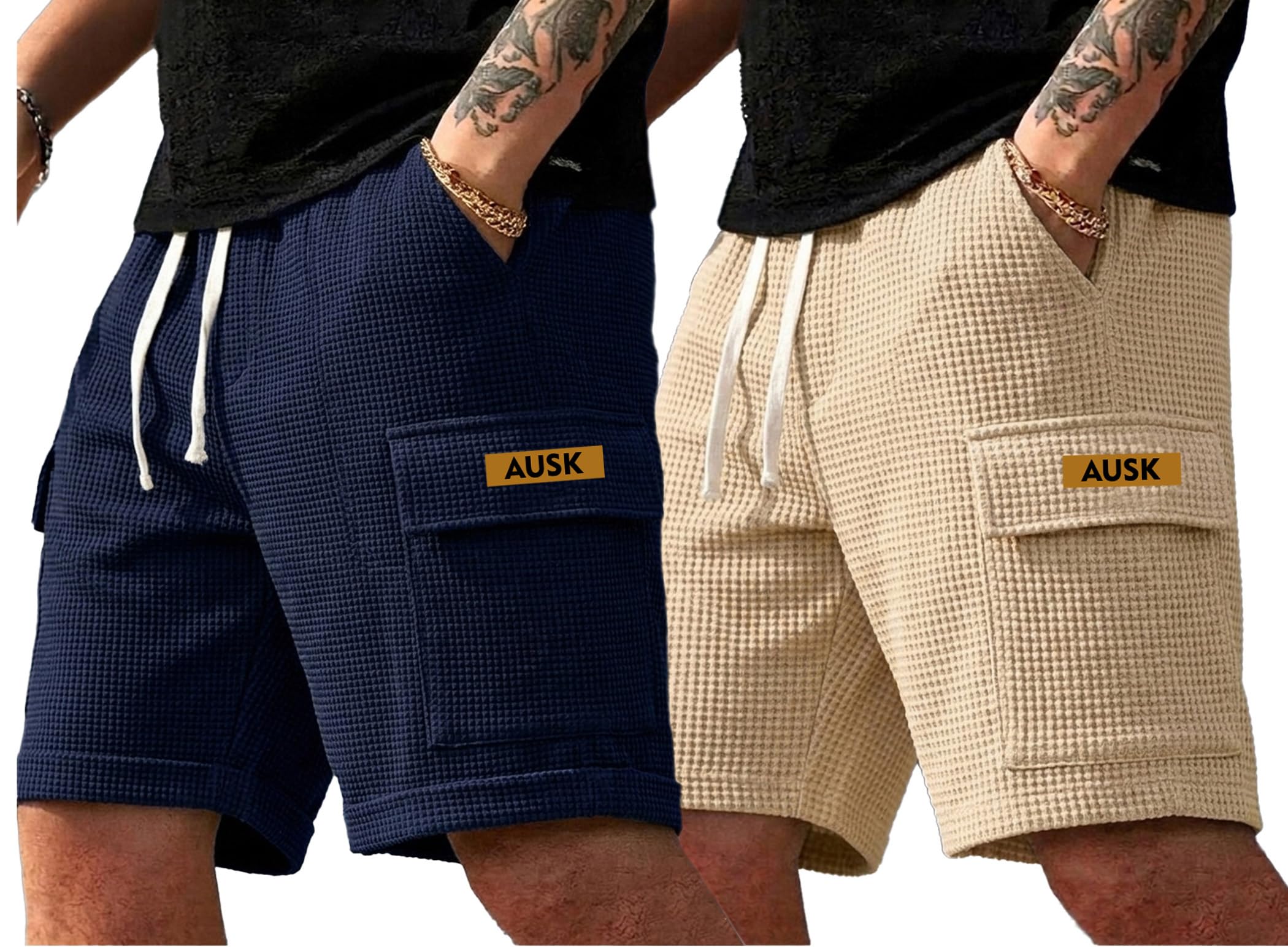ausk Classic Relaxed Fit Cargo Shorts for Mens | Waffle Texture Half Pant with Cargo Pockets | Casual Summerwear Shorts for Mens-picture-57