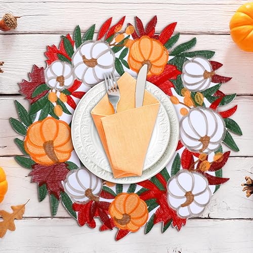 Miniatura 5 de Tigeen Juego de 8 manteles individuales de otoño, 15 pulgadas, redondos, de otoño, calabaza, hojas bordadas, manteles de mesa de otoño para Acción