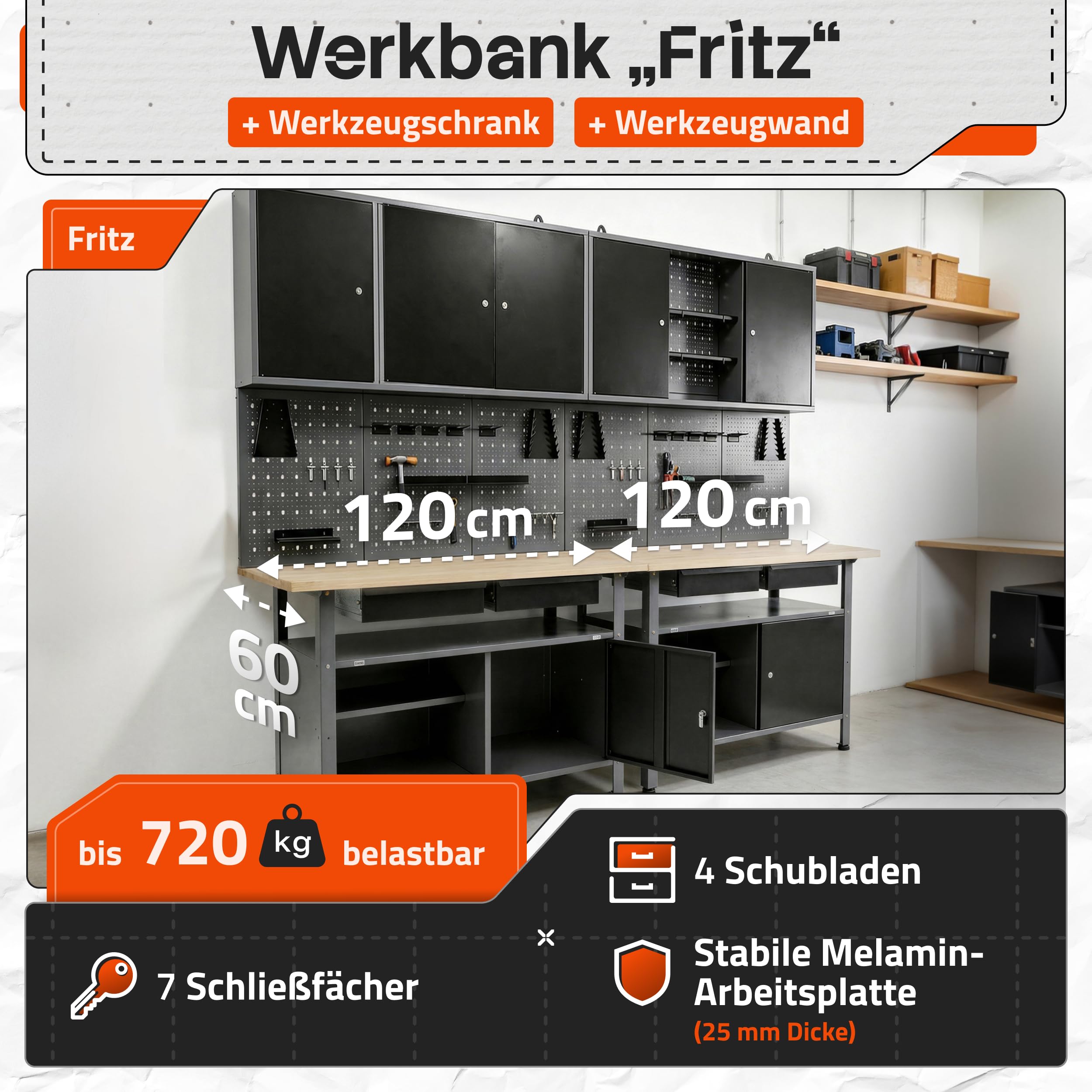 Ondis24 Werkstatteinrichtung Werkstatt Set Werkbank Fritz Hängeschrank Werkzeugwand Metall Schwarz Grau (Hängeschrank Ben & Tim, 242 cm)