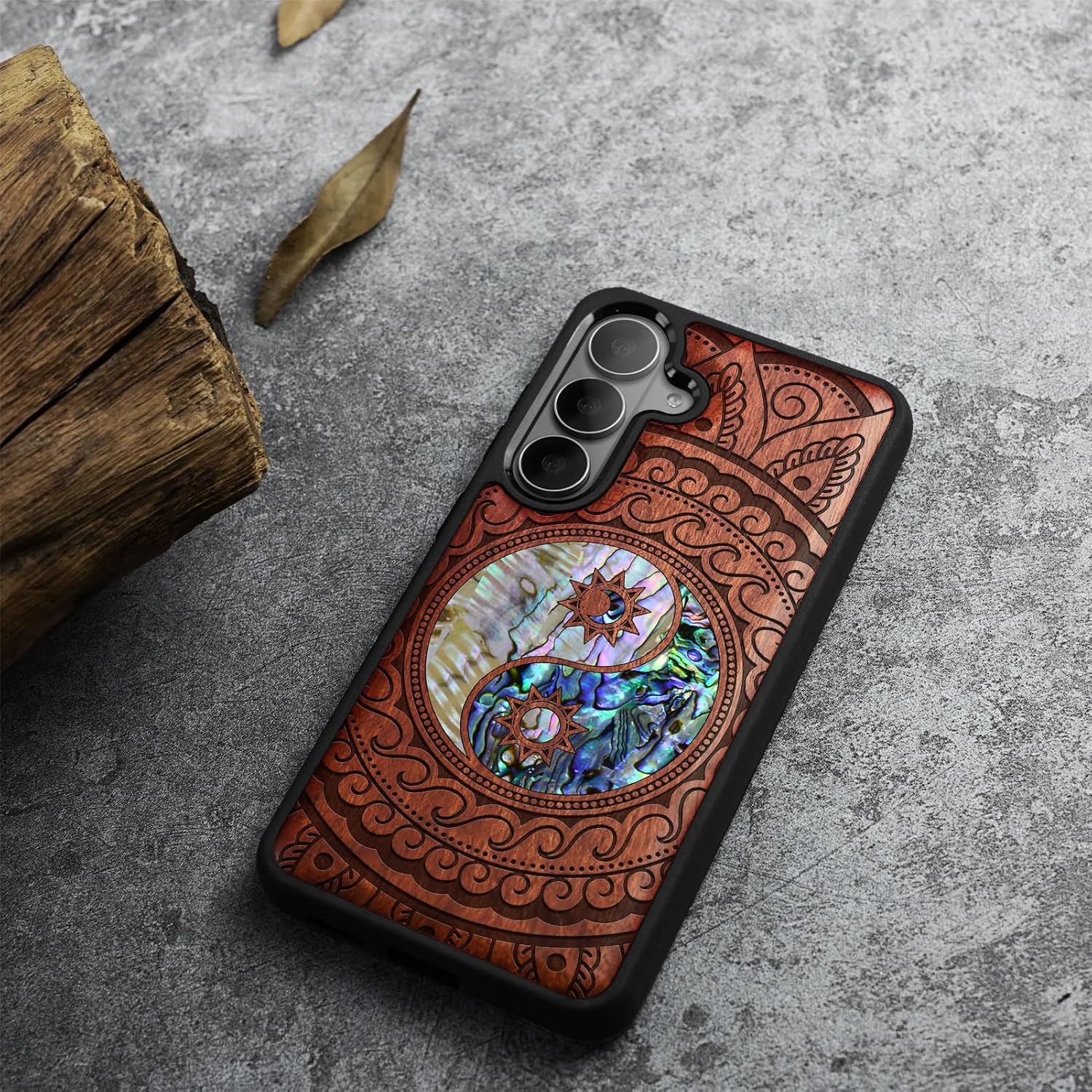 Carveit Magnetic Wooden Case for Samsung Galaxy S26 Case, Wood Artisan Engraved & Handmade Shell Inlaid, Compatible with MagSafe Wireless Chargers (Yin Yang Paisley) Rosy